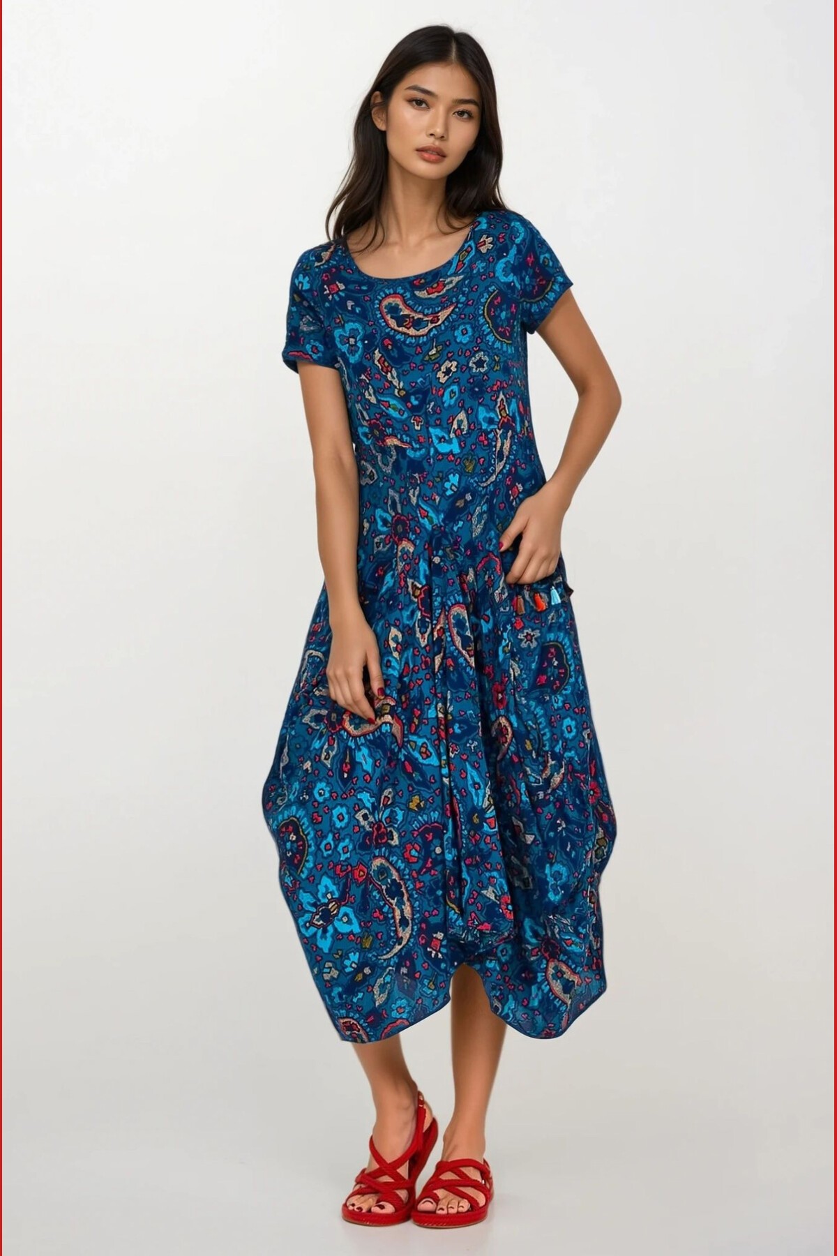 Lacivert Torba Cepli Eteği Asimetrik Kesim Volan Ve Püskül Detaylı Kısa Kollu Yazlık Elbise