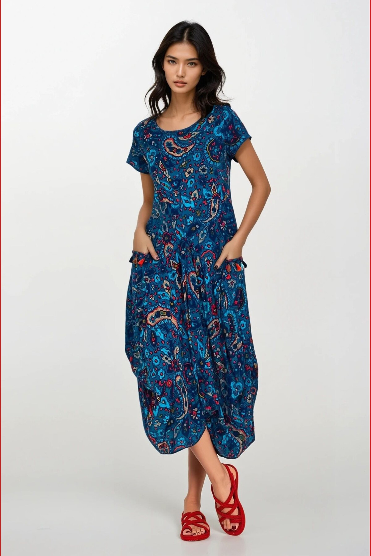 Lacivert Torba Cepli Eteği Asimetrik Kesim Volan Ve Püskül Detaylı Kısa Kollu Yazlık Elbise