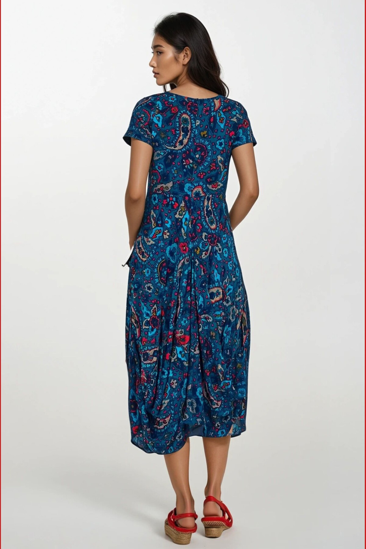 Lacivert Torba Cepli Eteği Asimetrik Kesim Volan Ve Püskül Detaylı Kısa Kollu Yazlık Elbise