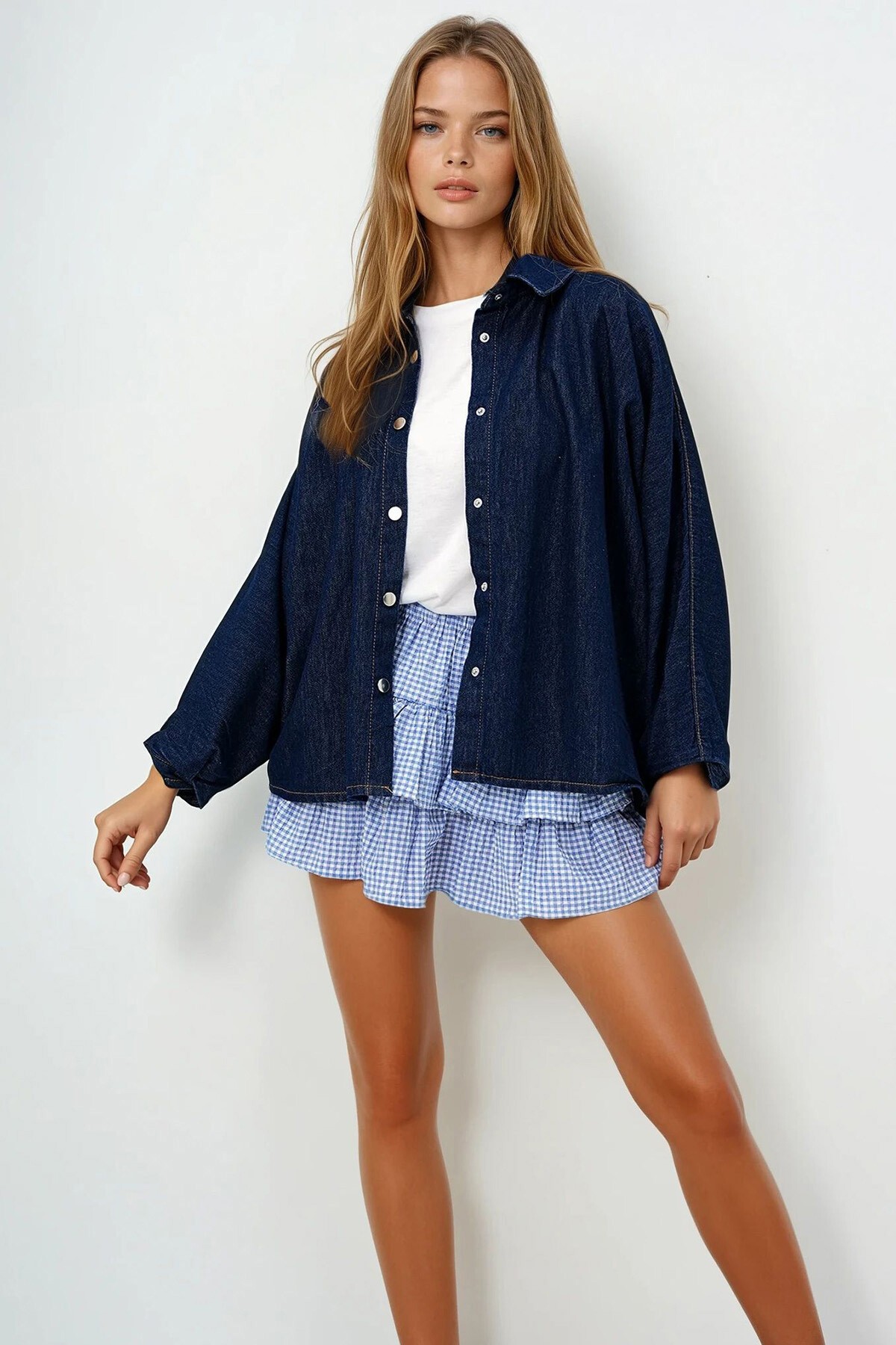 Lacivert Yarasa Kol Çıtçıt Kapamalı Oversize Jean Gömlek Ceket