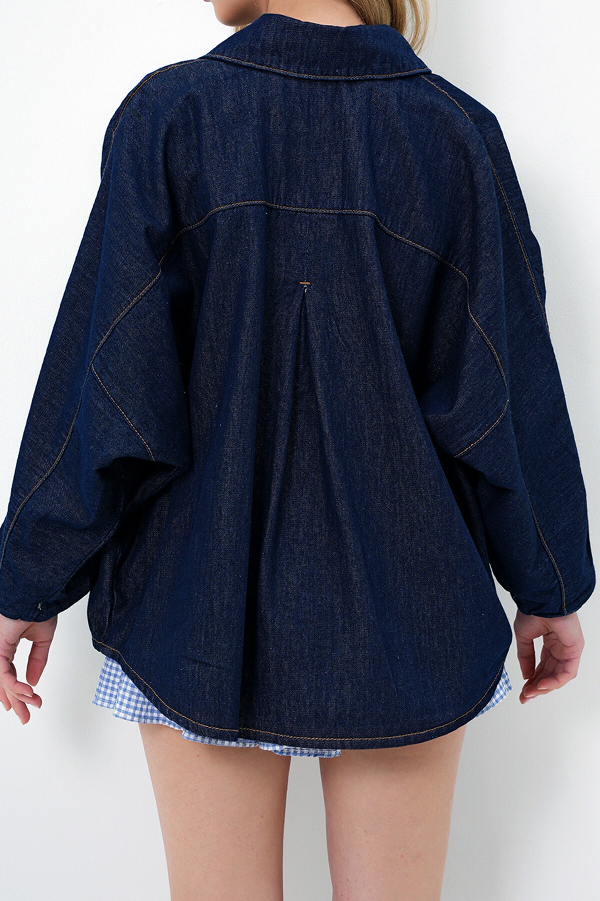 Lacivert Yarasa Kol Çıtçıt Kapamalı Oversize Jean Gömlek Ceket