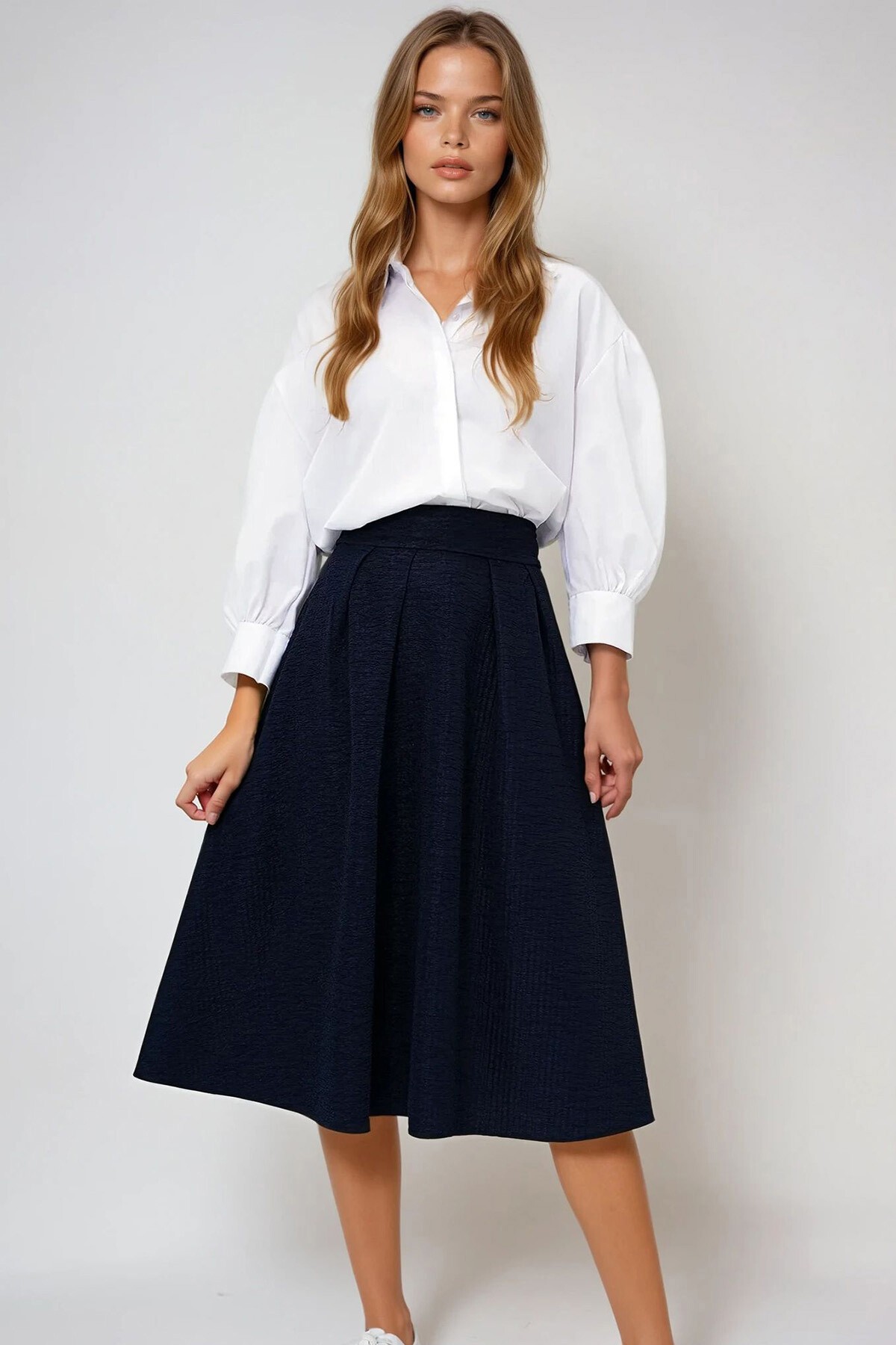 Lacivert Yüksek Bel Geniş Kemerli Gizli Fermuarlı Midi Boy Dokulu Etek