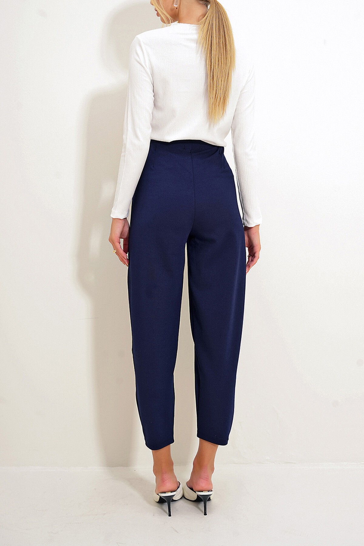 Lacivert Yüksek Bel Pensli Dökümlü Krep Örme Pantolon