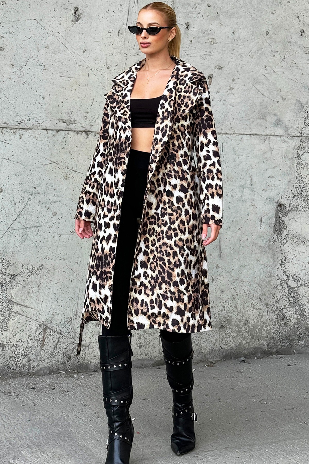Leopar Kruvazze Yaka Çift Cepli Beli Kuşaklı Trençkot