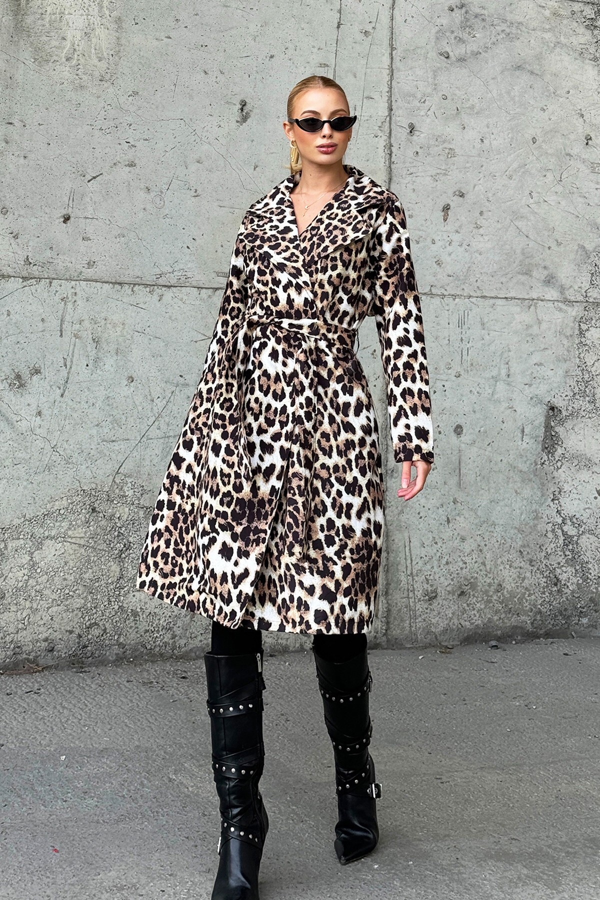 Leopar Kruvazze Yaka Çift Cepli Beli Kuşaklı Trençkot