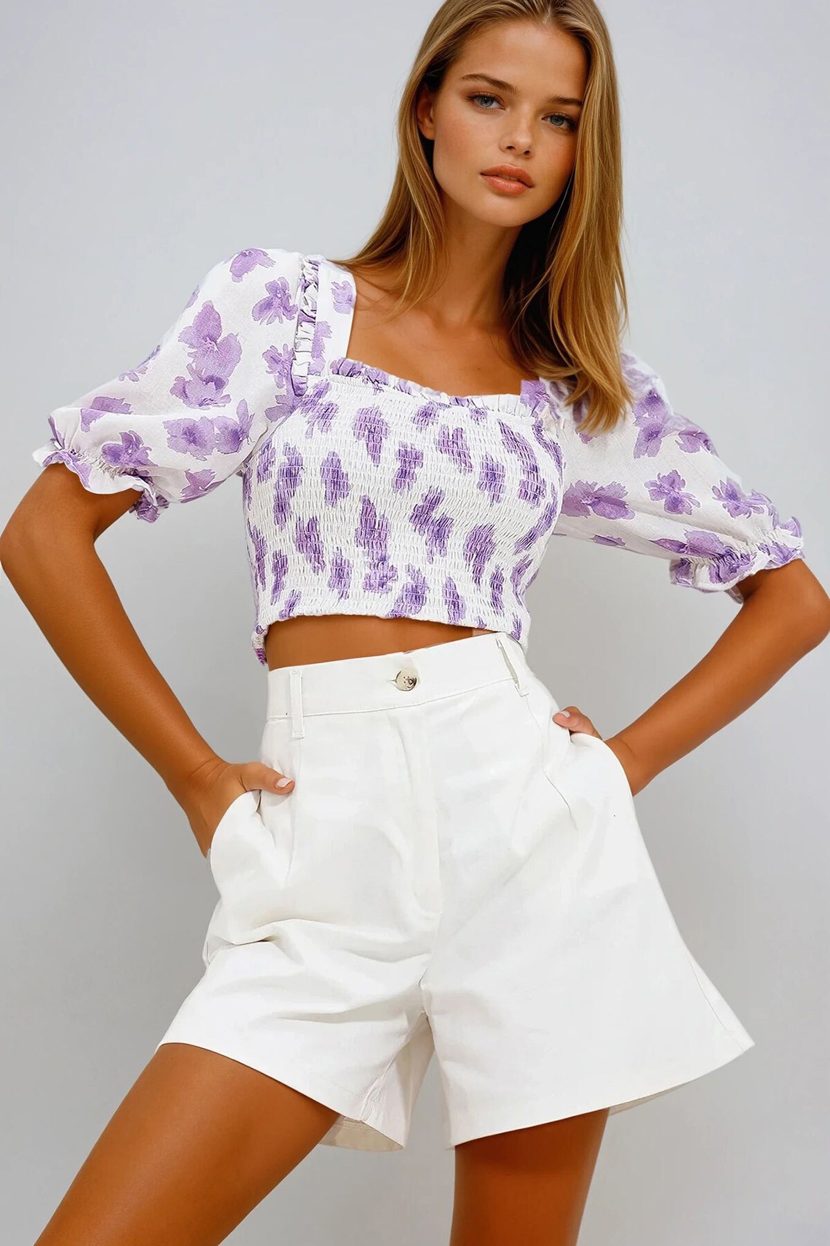 Lila Beyaz Kare Yaka Karpuz Kol Gipeli Crop Keten Bluz