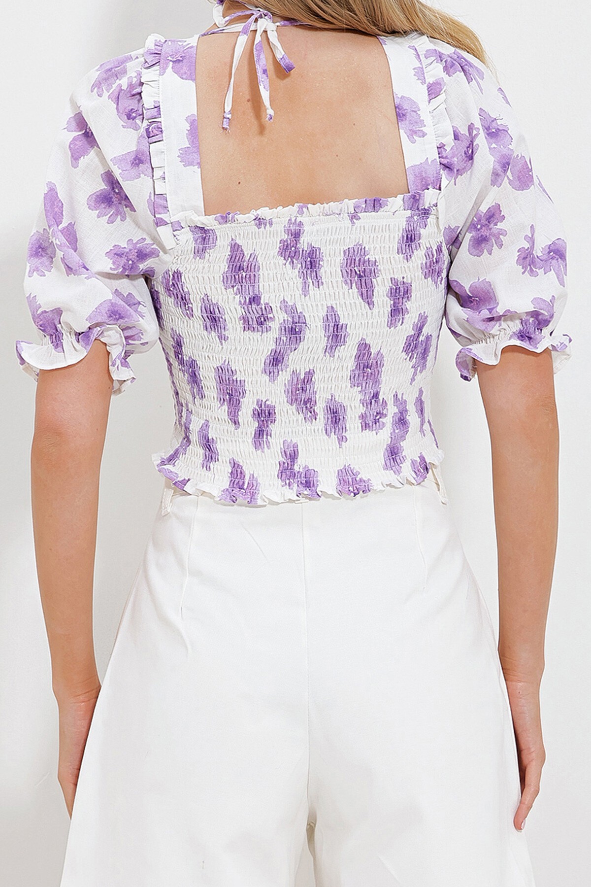 Lila Beyaz Kare Yaka Karpuz Kol Gipeli Crop Keten Bluz