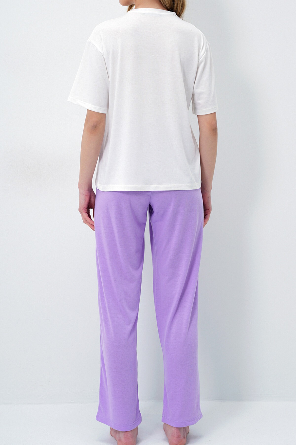 Lila Bisiklet Yaka Baskılı T Shirt Ve Düz Renk Pantolonlu Pijama Takımı