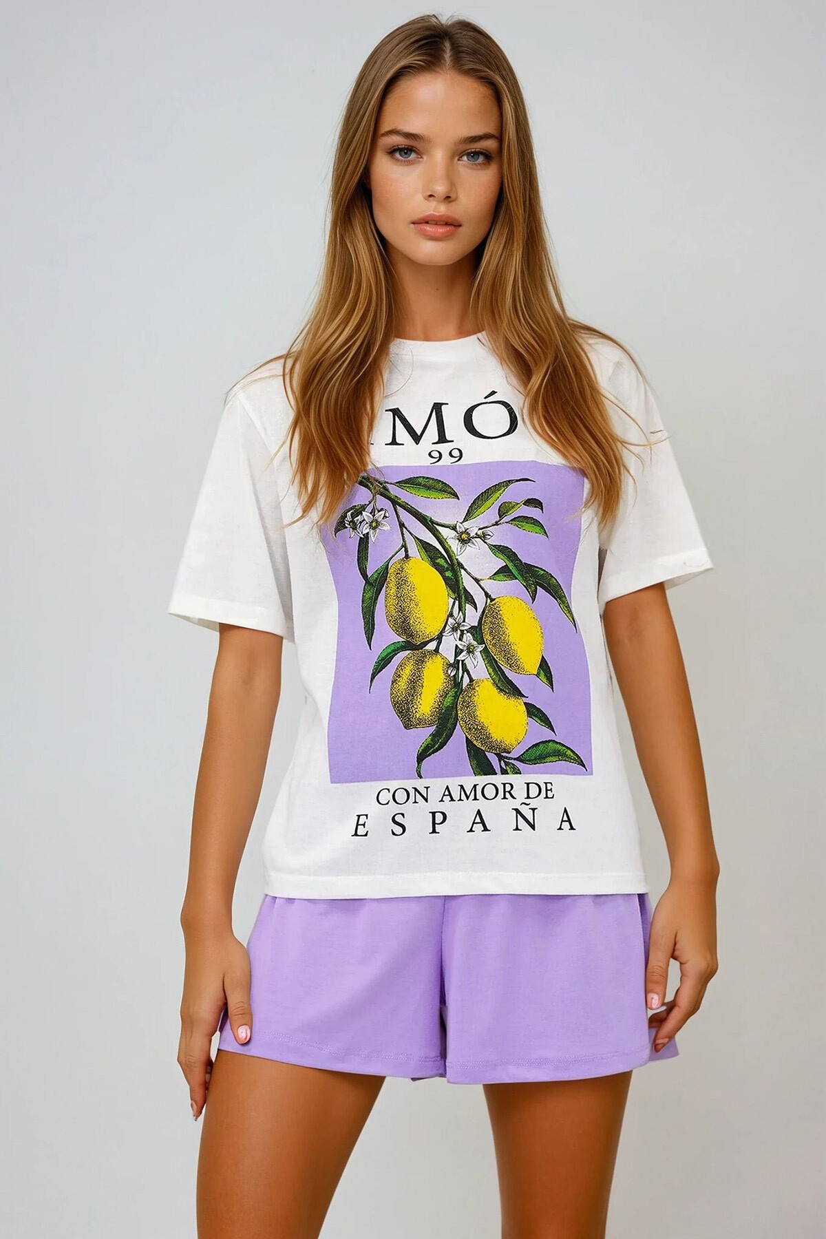 Lila Limon Baskılı Pamuklu Basic T Shırt Ve Şortlu Pijama Takımı