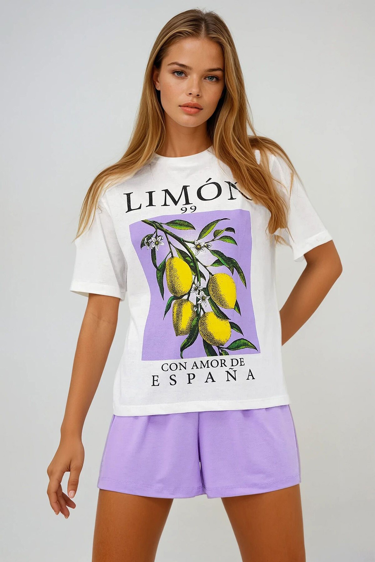 Lila Limon Baskılı Pamuklu Basic T Shırt Ve Şortlu Pijama Takımı