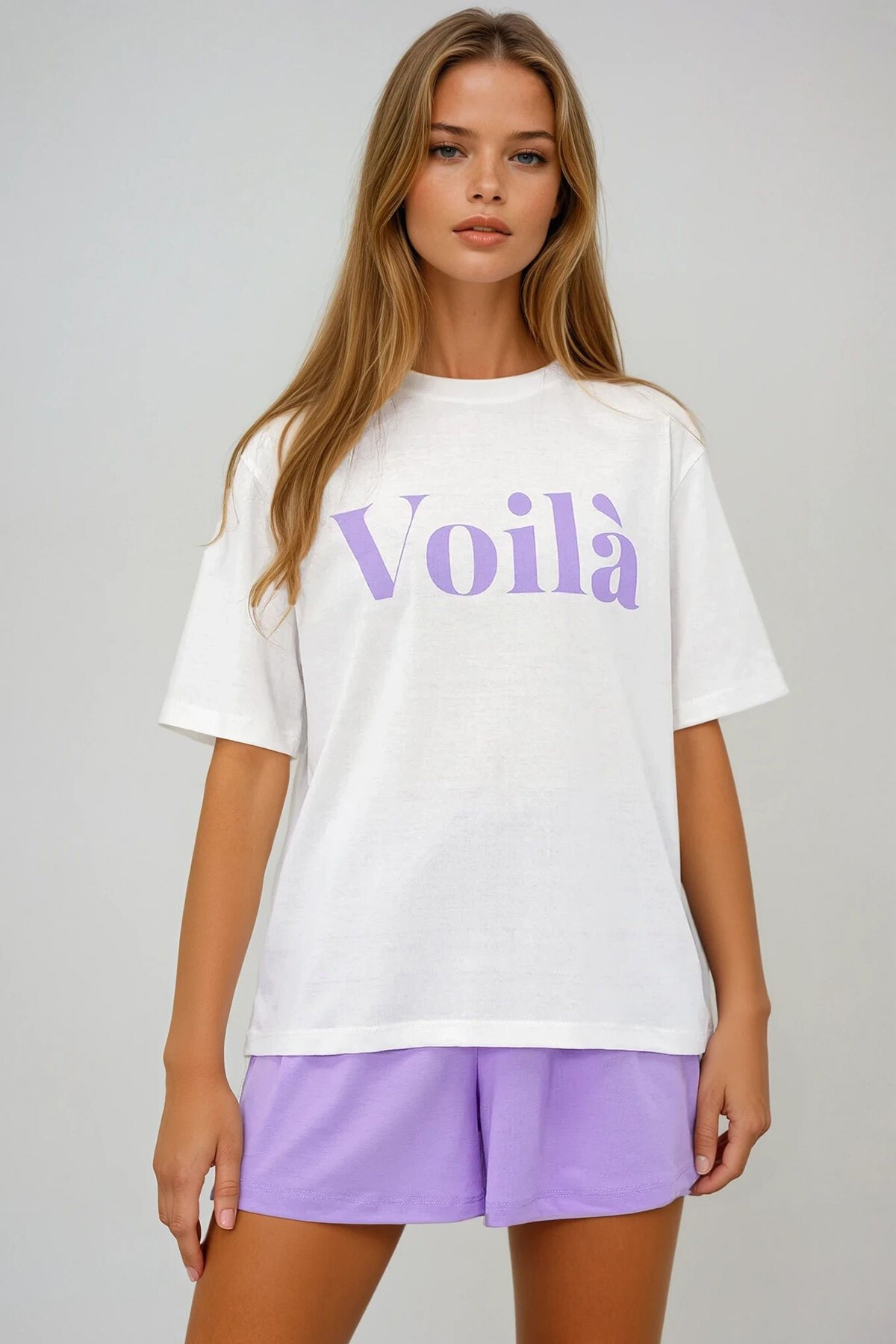 Lila Önü Yazı Baskılı Pamuklu Basic T Shırt Ve Şortlu Penye Alt Üst Takım