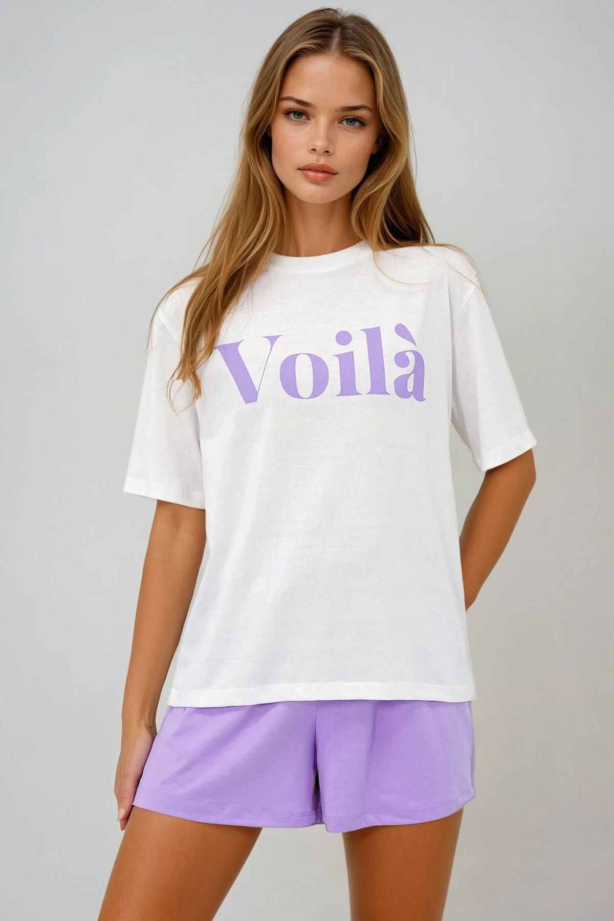 Lila Önü Yazı Baskılı Pamuklu Basic T Shırt Ve Şortlu Penye Alt Üst Takım