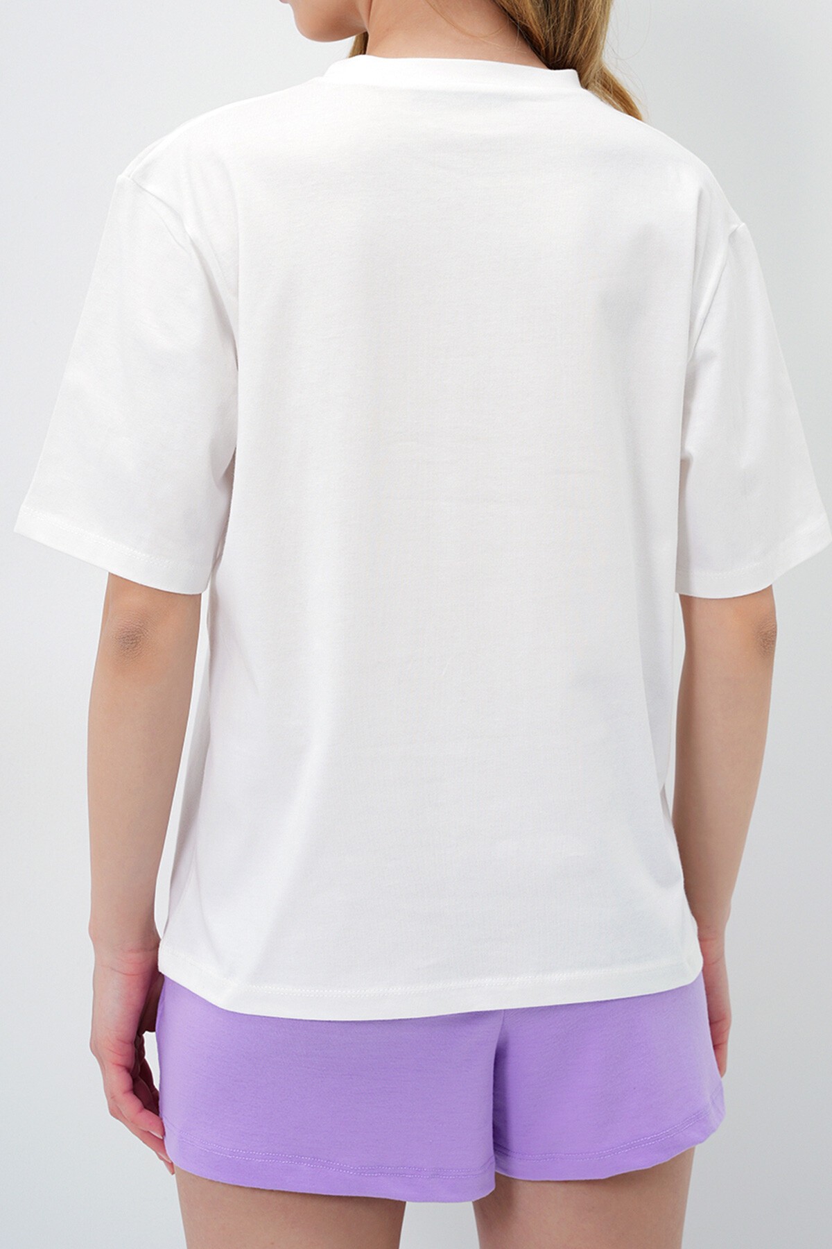 Lila Önü Yazı Baskılı Pamuklu Basic T Shırt Ve Şortlu Penye Alt Üst Takım
