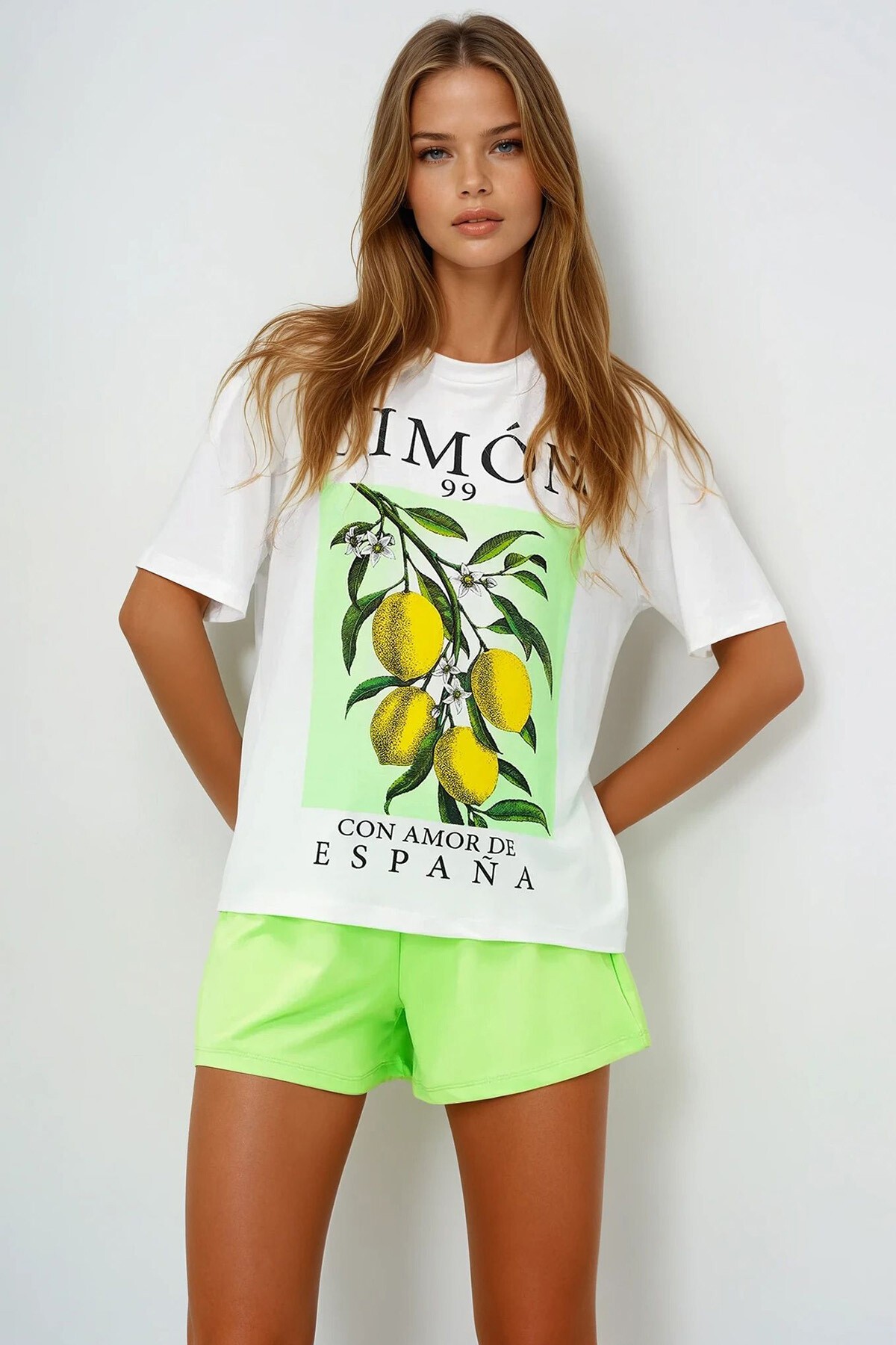 Limon Yeşili Limon Baskılı Pamuklu Basic T Shırt Ve Şortlu Pijama Takımı