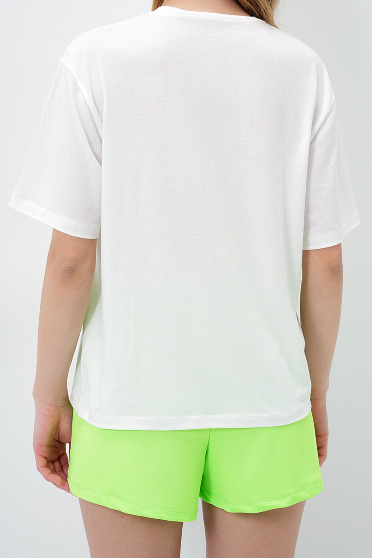 Limon Yeşili Pamuklu Basic T Shırt Ve Bağlamalı Şortlu Penye Alt Üst Takım