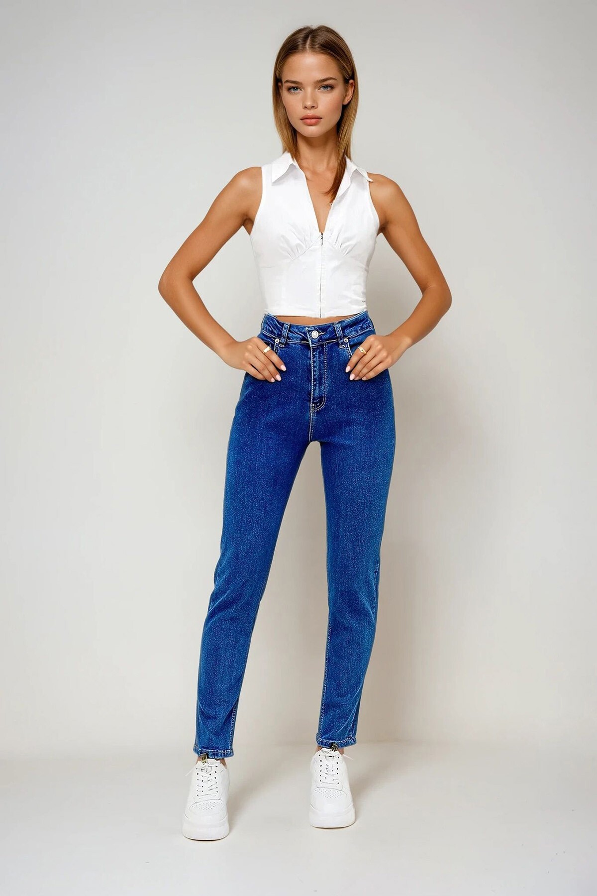 Mavi 5 Cep Yıkamalı Boru Paça Likralı Jean Pantolon