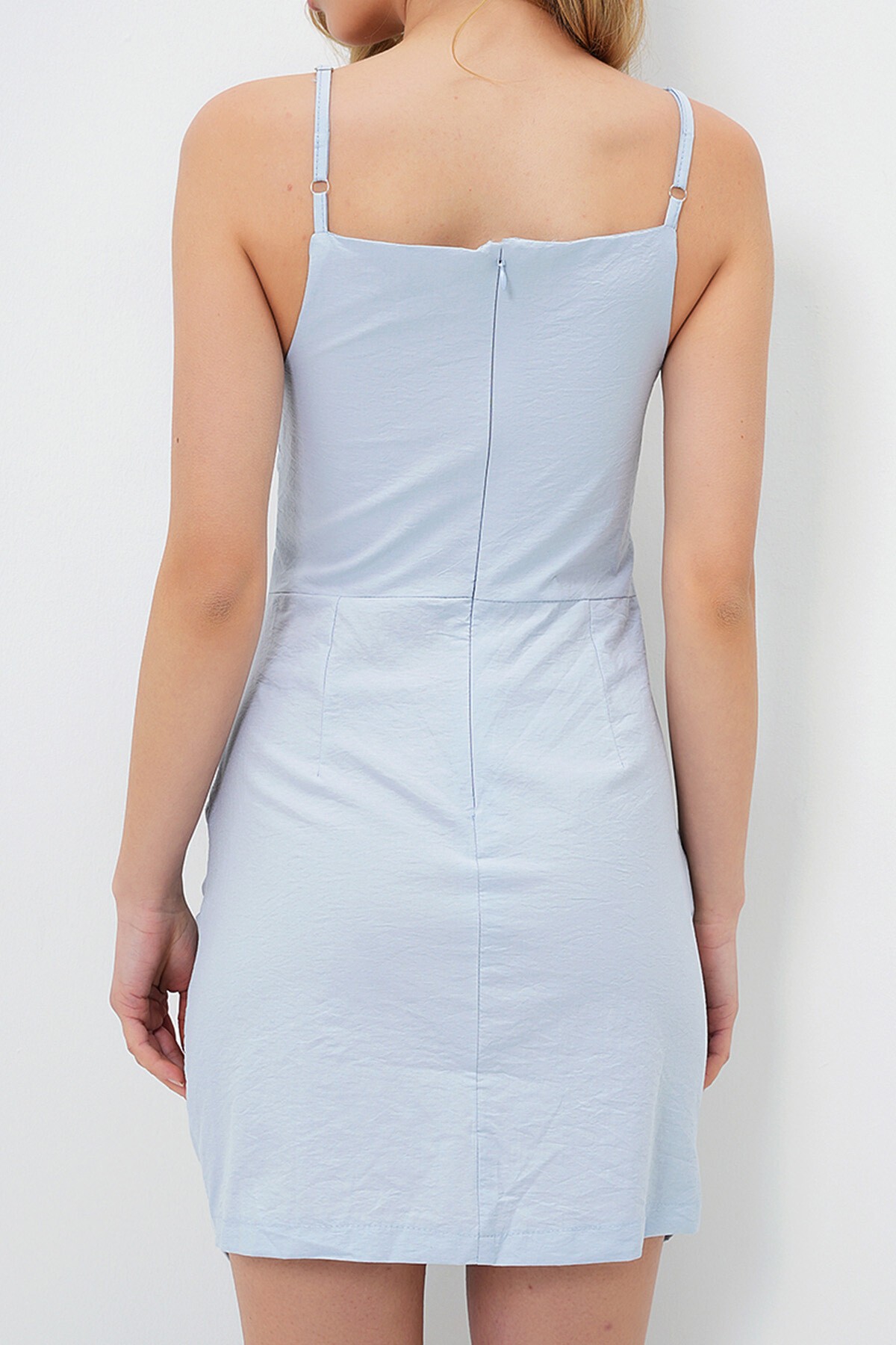 Mavi Ayarlanabilir Askılı Drapeli İçi Astarlı Dokuma Mini Elbise