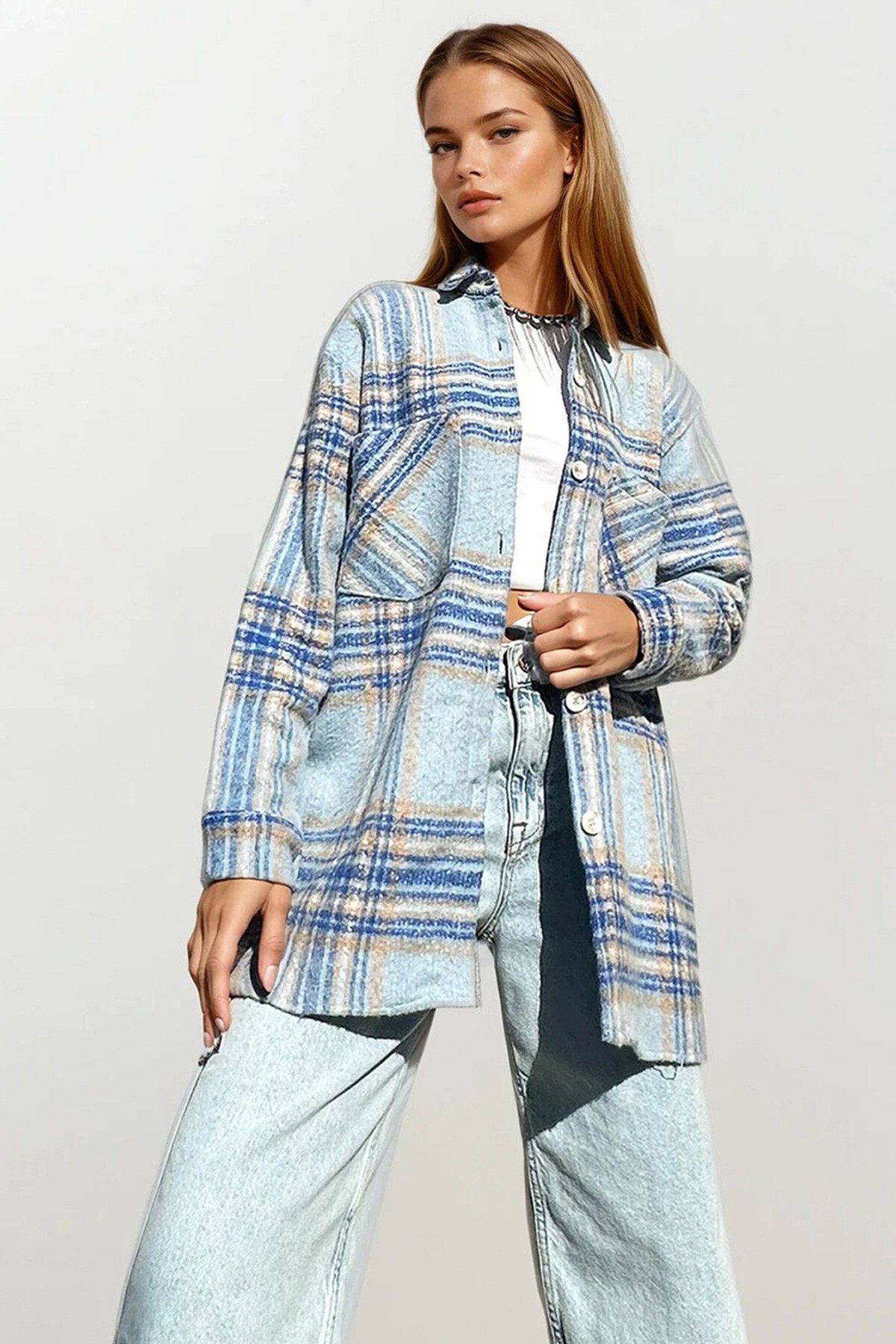 Mavi-Bej Ekose Desenli Kaşe Pamuklu Oversize Safari Ceket Gömlek