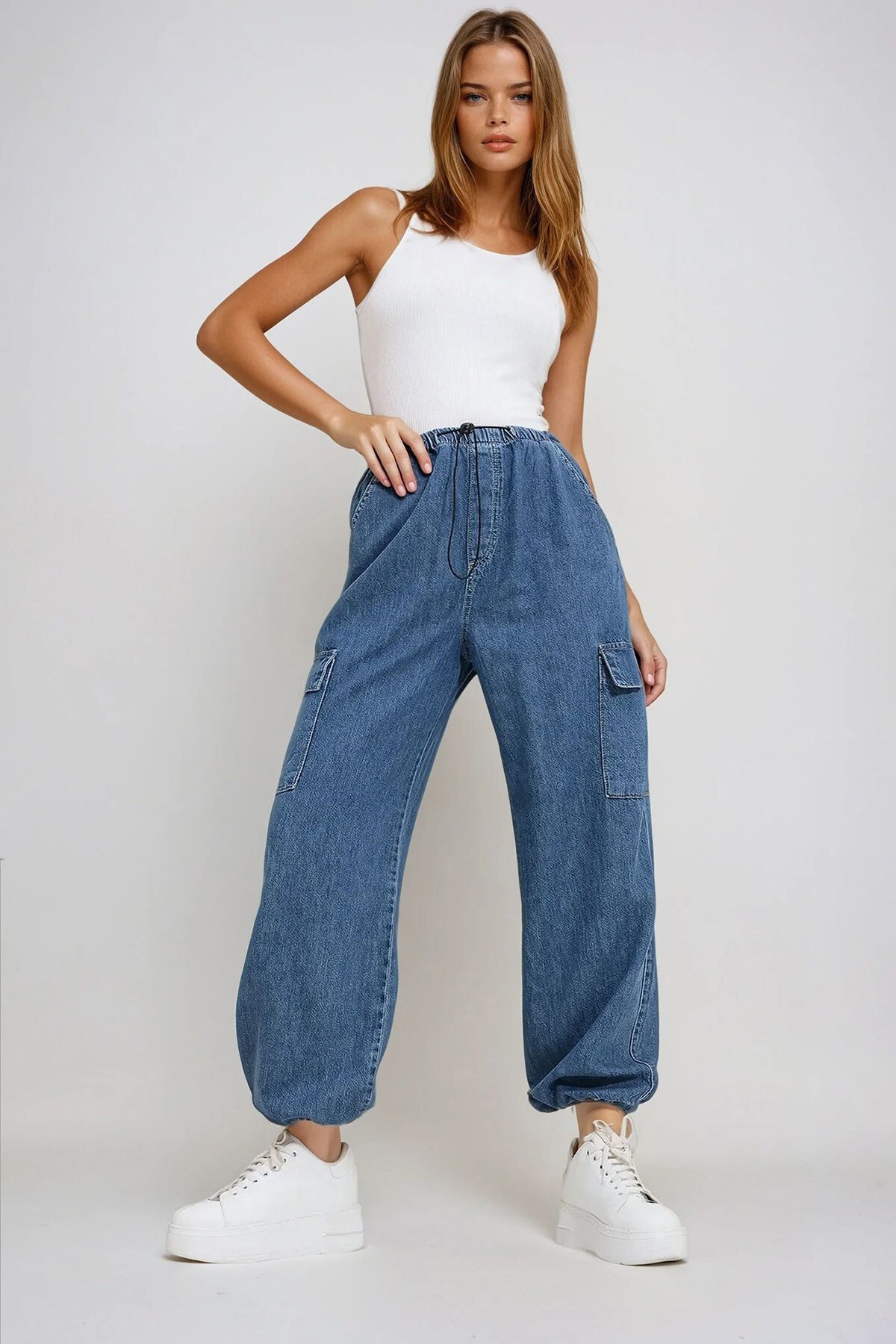 Mavi Beli Ve Paçası Lastikli Cepli Kargo Jogger Pantolon