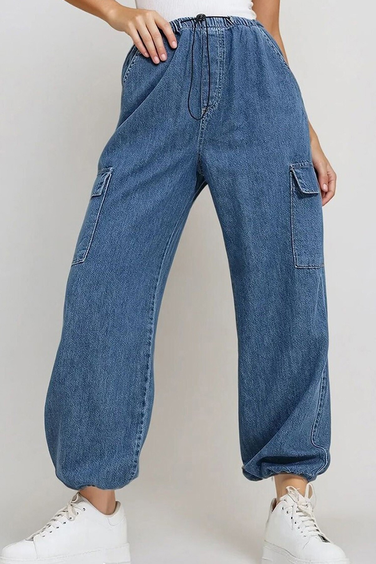 Mavi Beli Ve Paçası Lastikli Cepli Kargo Jogger Pantolon