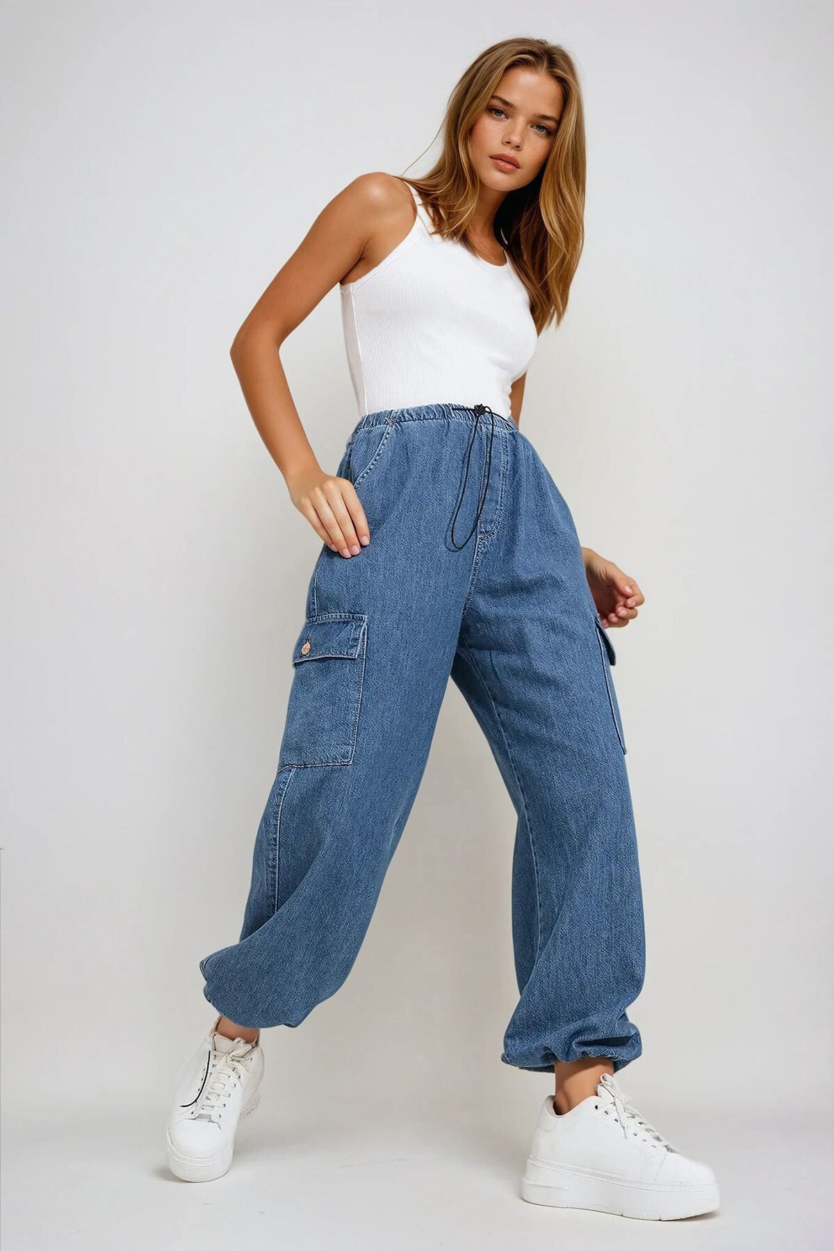 Mavi Beli Ve Paçası Lastikli Cepli Kargo Jogger Pantolon