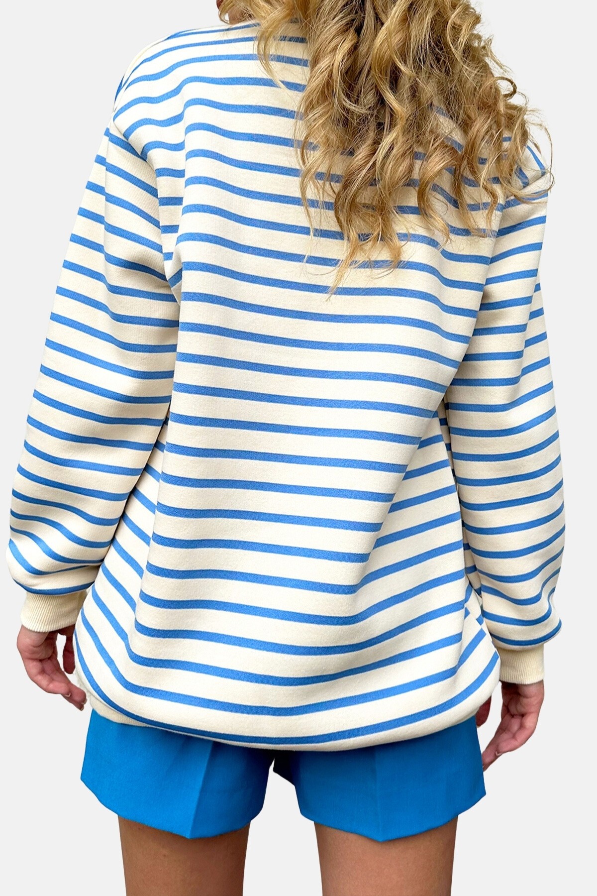 Mavi Bisiklet Yaka Çizgili 3 İplik İçi Şardonlu Sweatshirt