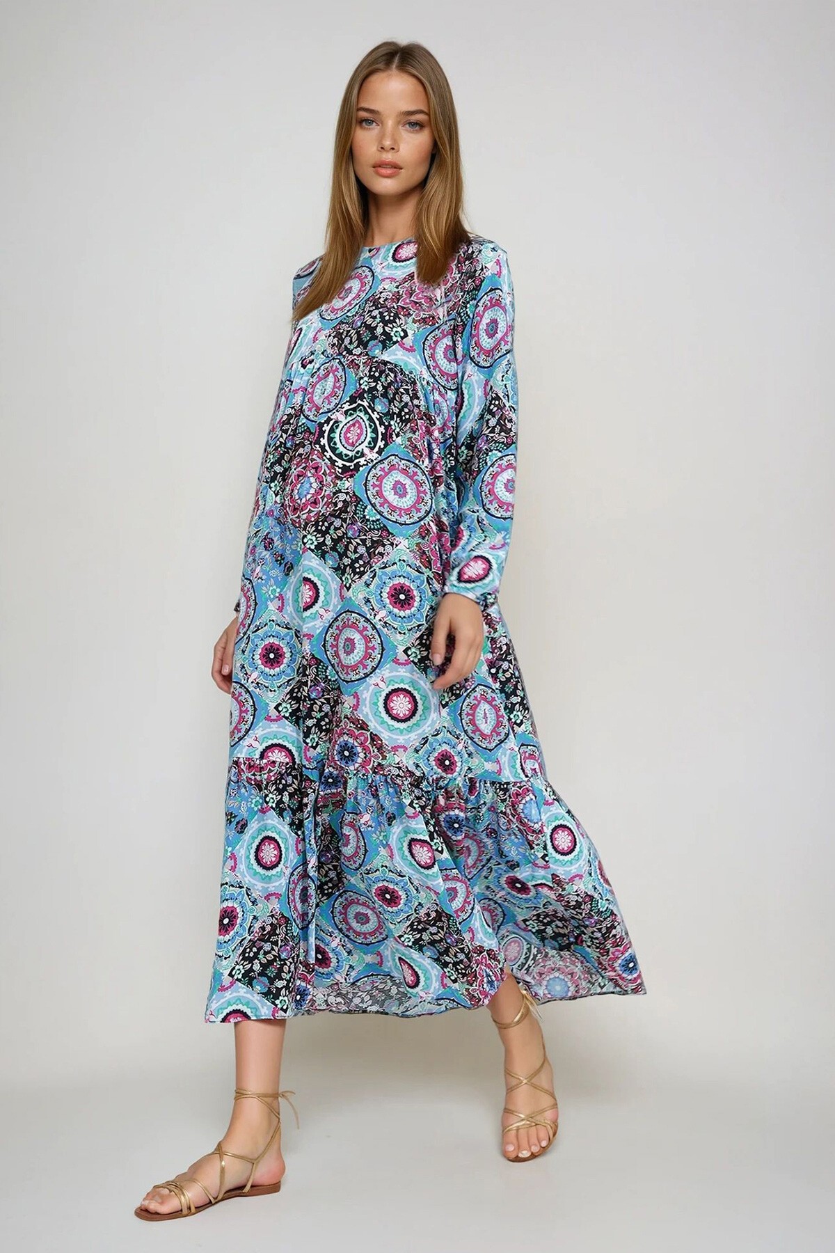 Mavi Bisiklet Yaka Kat Kat Valonlu Dokuma Elbise