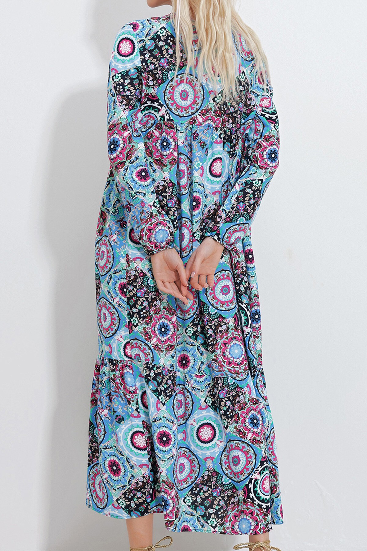 Mavi Bisiklet Yaka Kat Kat Valonlu Dokuma Elbise