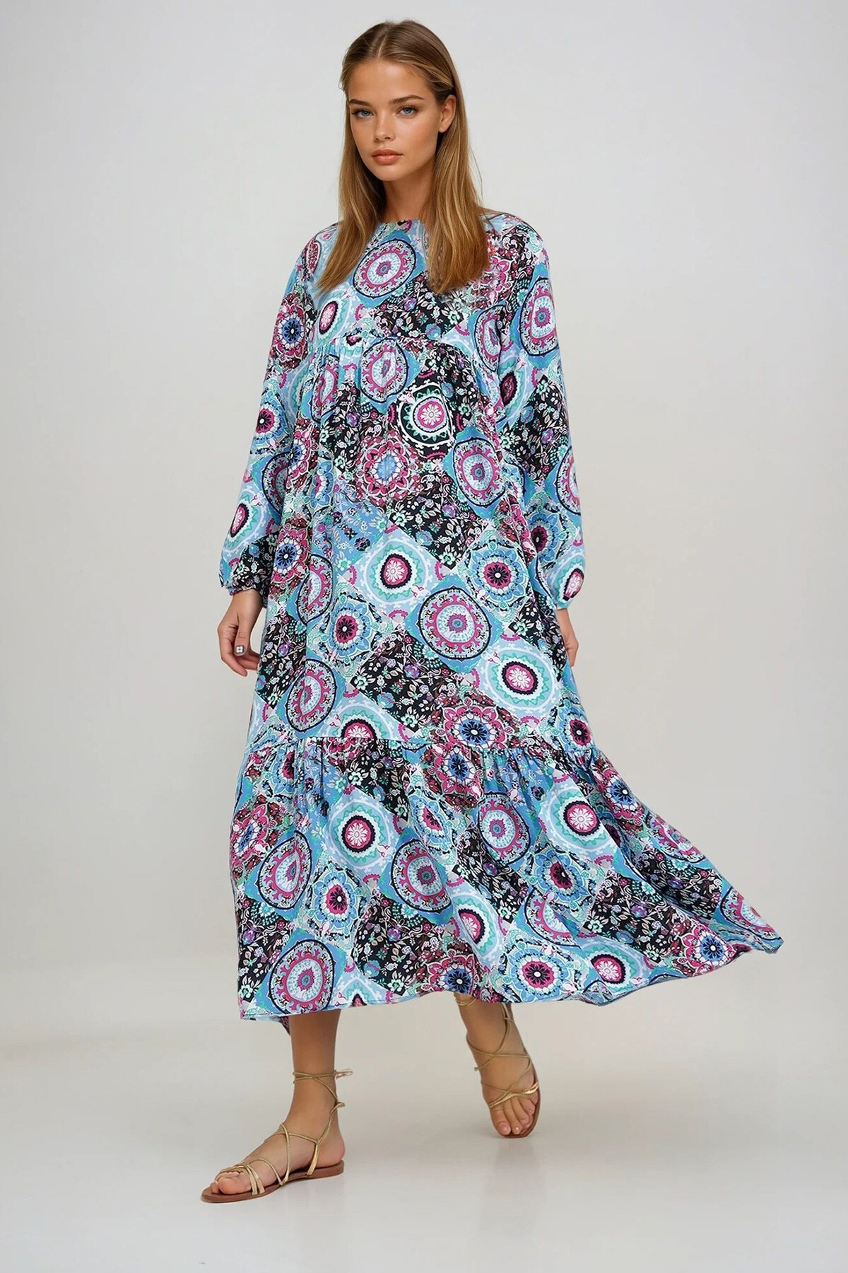 Mavi Bisiklet Yaka Kat Kat Valonlu Dokuma Elbise