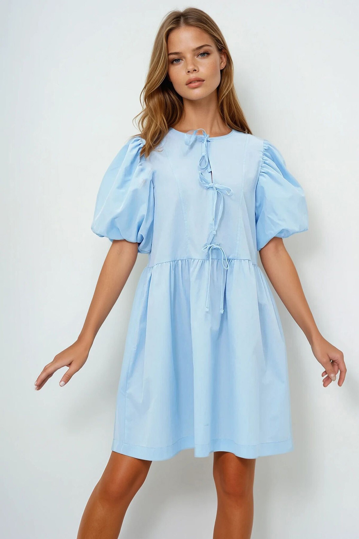 Mavi Bisiklet Yaka Önden Bağlamalı Balon Kol Poplin Yazlık Elbise