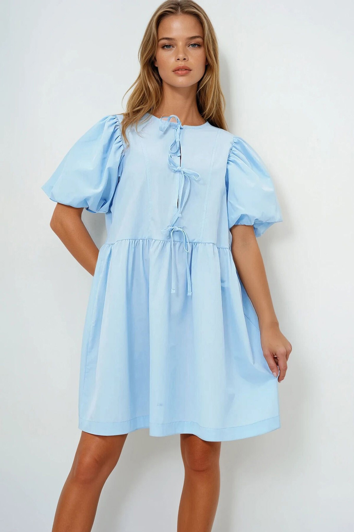 Mavi Bisiklet Yaka Önden Bağlamalı Balon Kol Poplin Yazlık Elbise