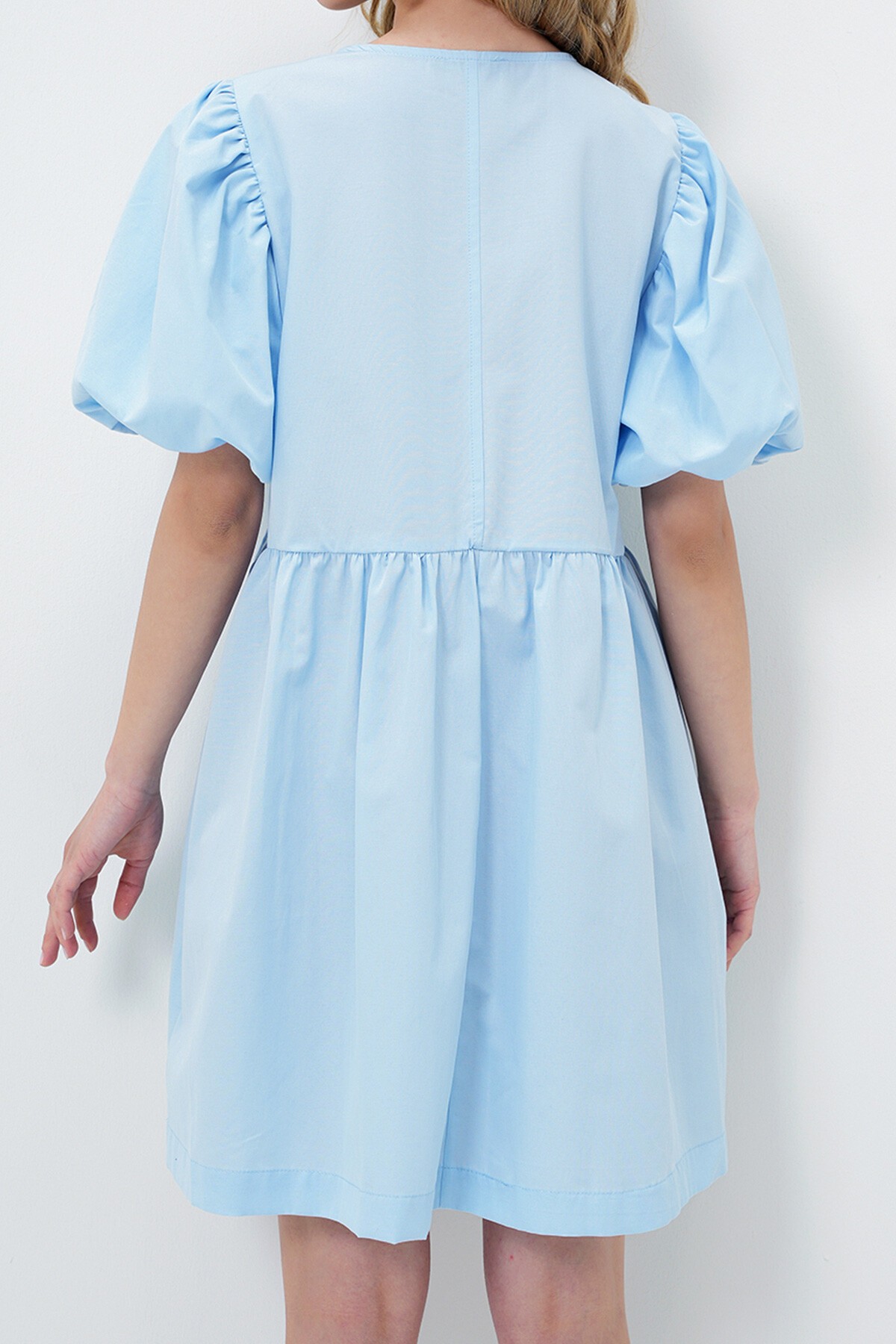 Mavi Bisiklet Yaka Önden Bağlamalı Balon Kol Poplin Yazlık Elbise