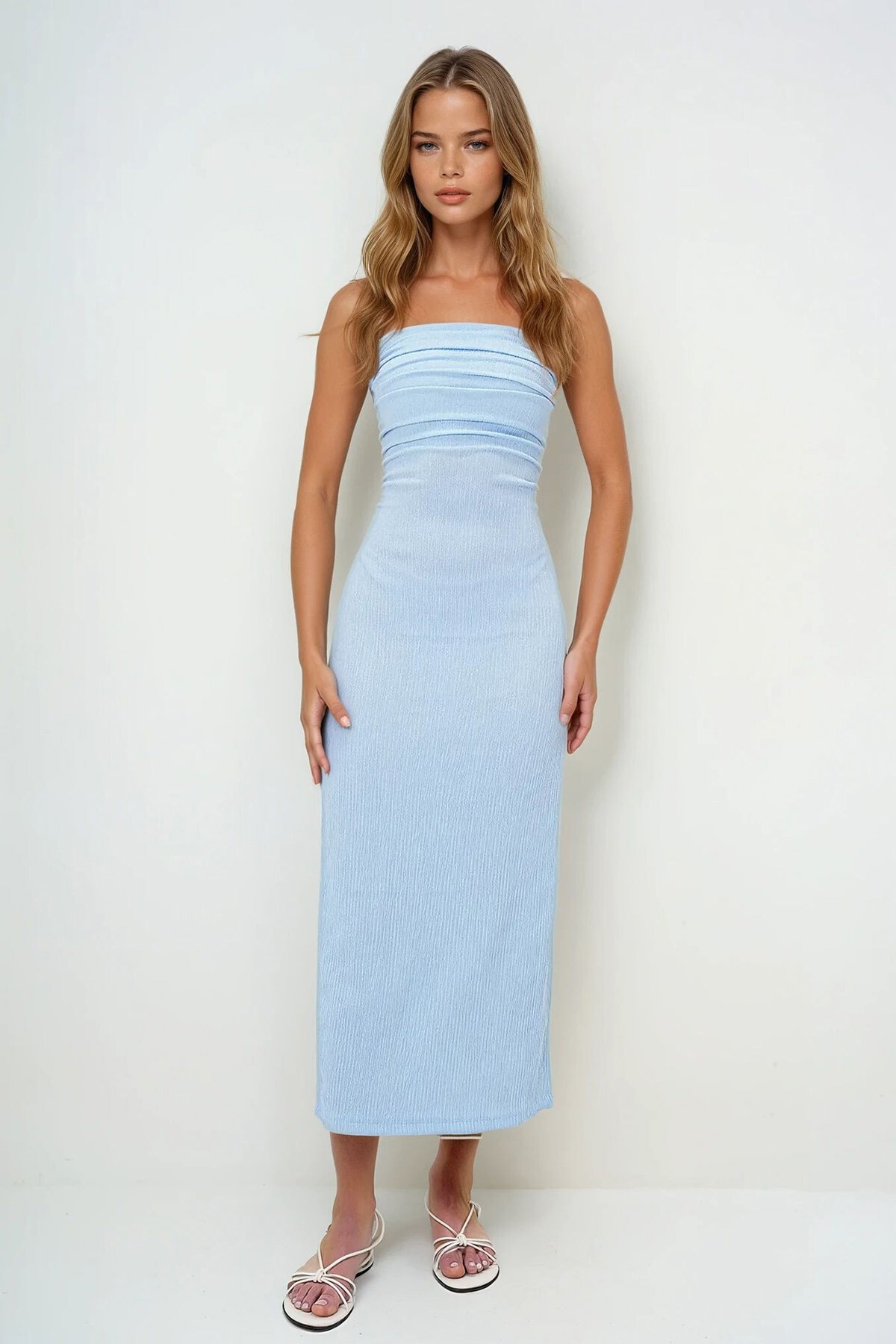 Mavi Bürümcük Kumaş Yanları Büzgülü Yazlık Straplez Elbise