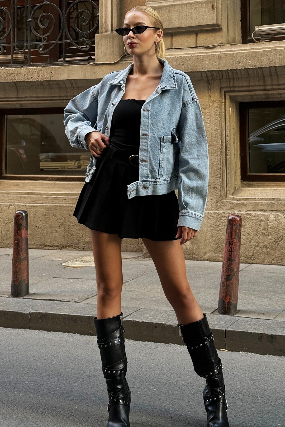 Mavi Cep Detaylı Düğmeli Kot Ceket