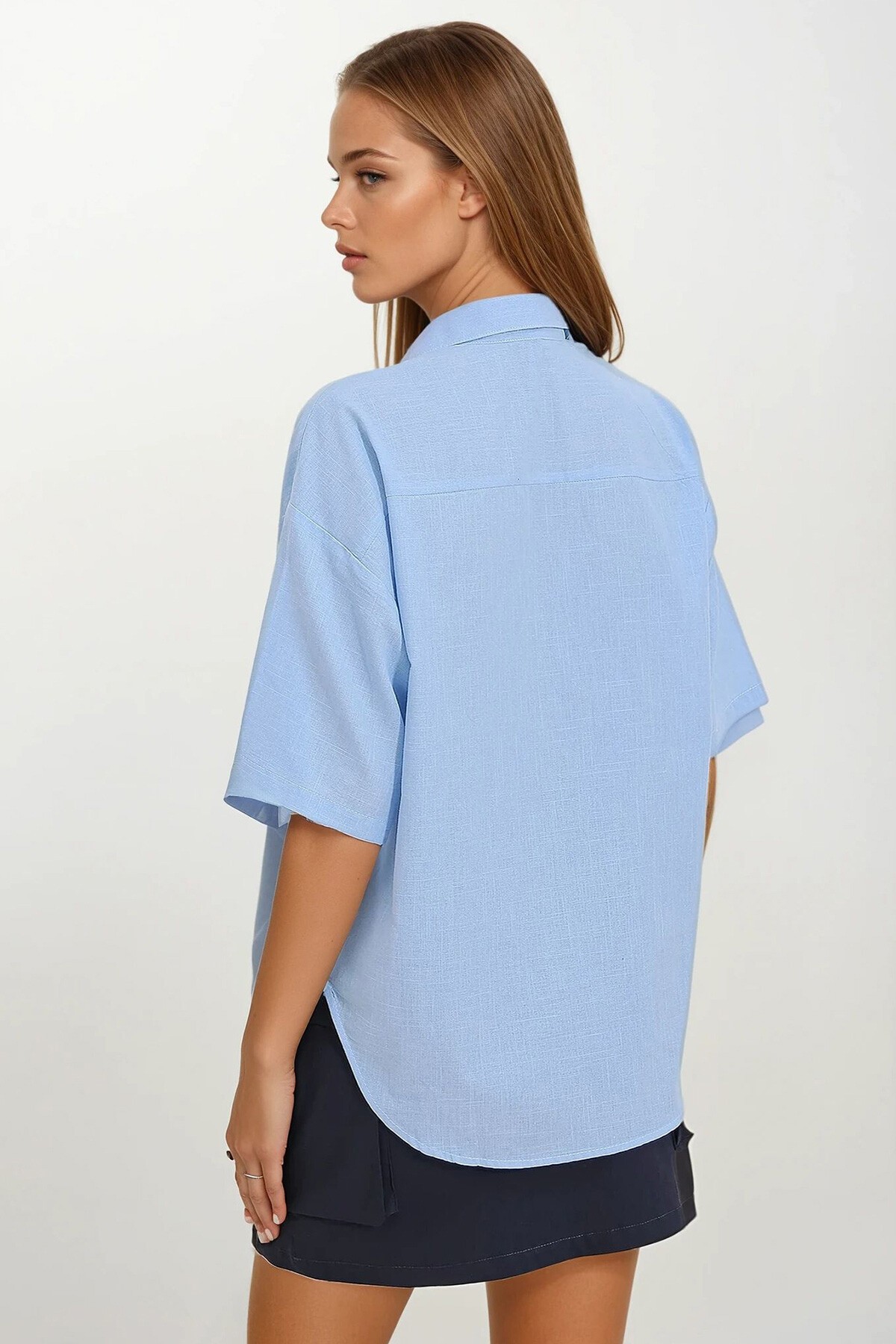 Mavi Çift Cepli Yarım Kol Keten Gömlek