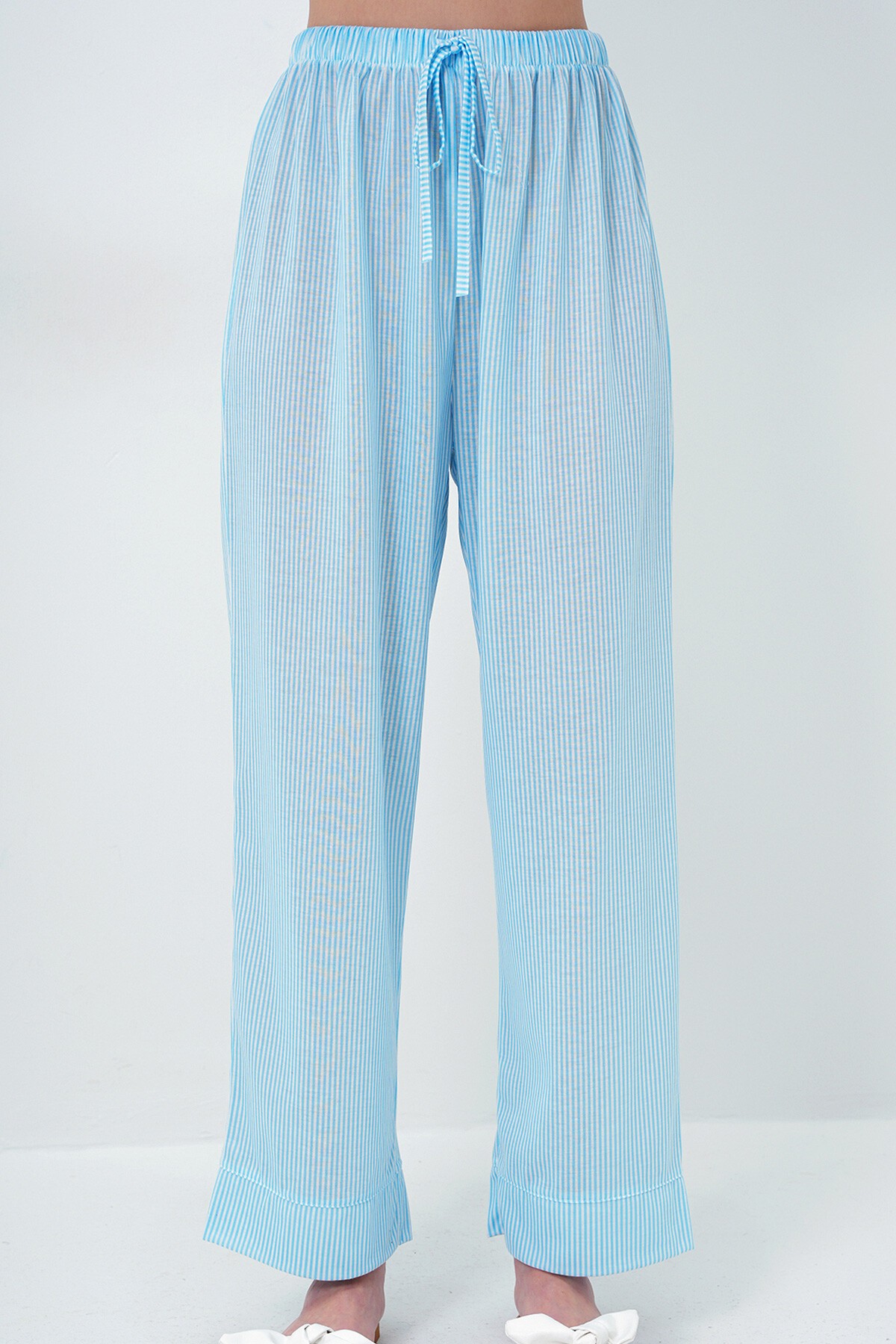 Mavi Duble Kol Ve Paça Detaylı Çizgili Gömlek Ve Pantolonlu Pijama Takımı