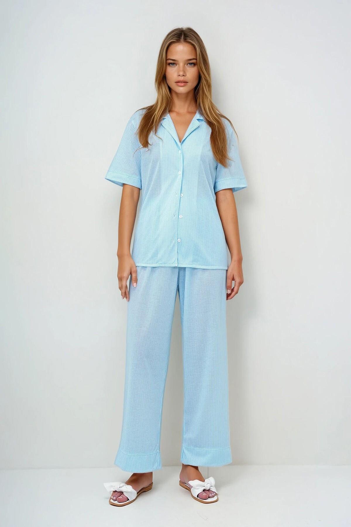 Mavi Duble Kol Ve Paça Detaylı Çizgili Gömlek Ve Pantolonlu Pijama Takımı