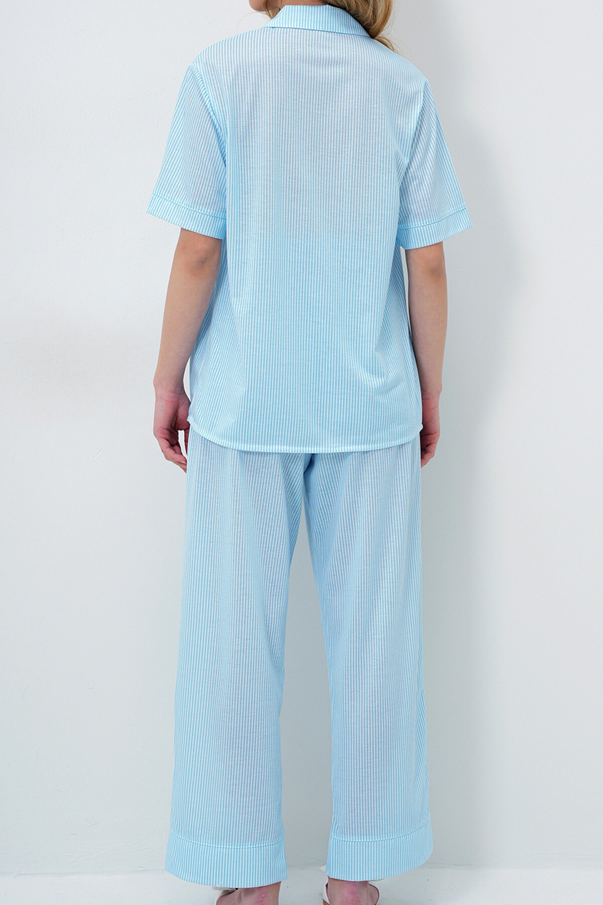 Mavi Duble Kol Ve Paça Detaylı Çizgili Gömlek Ve Pantolonlu Pijama Takımı