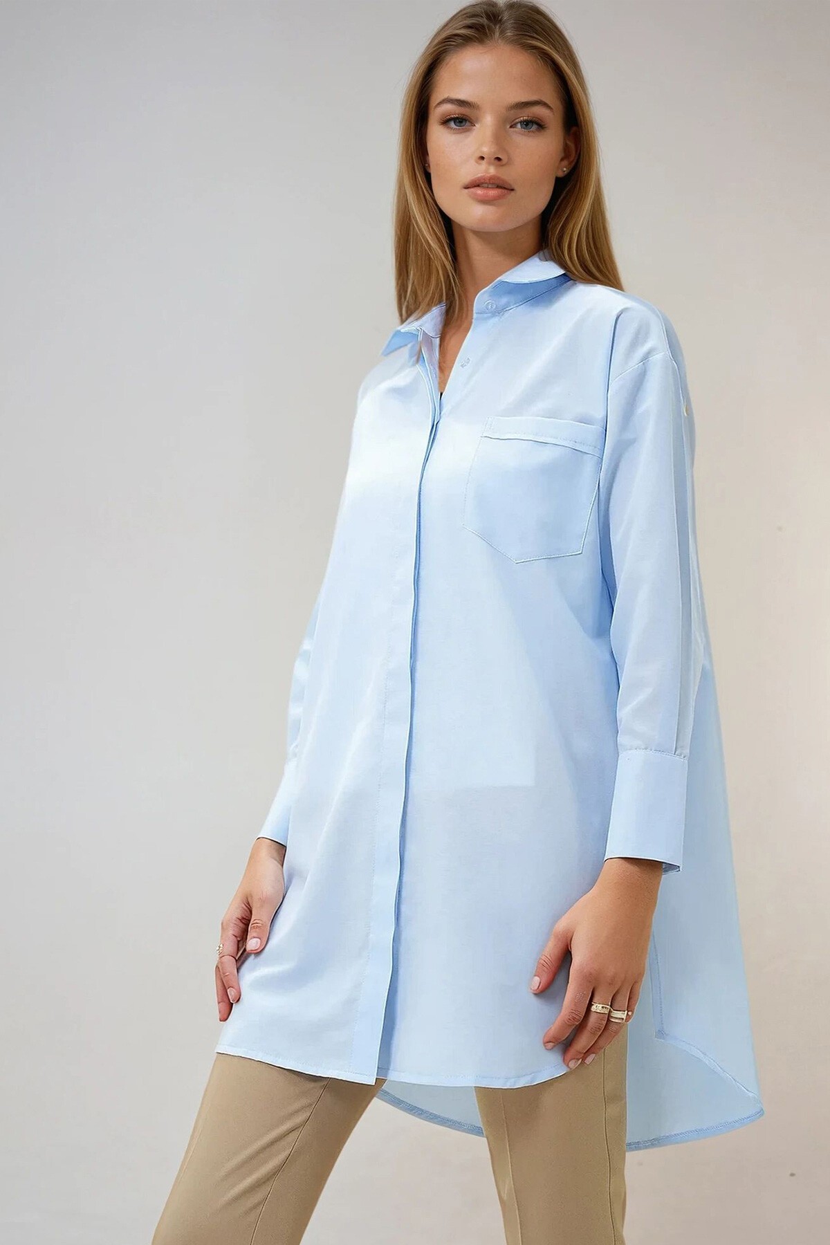 Mavi Gizli Pat Tek Cepli Uzun Kol Poplin Gömlek