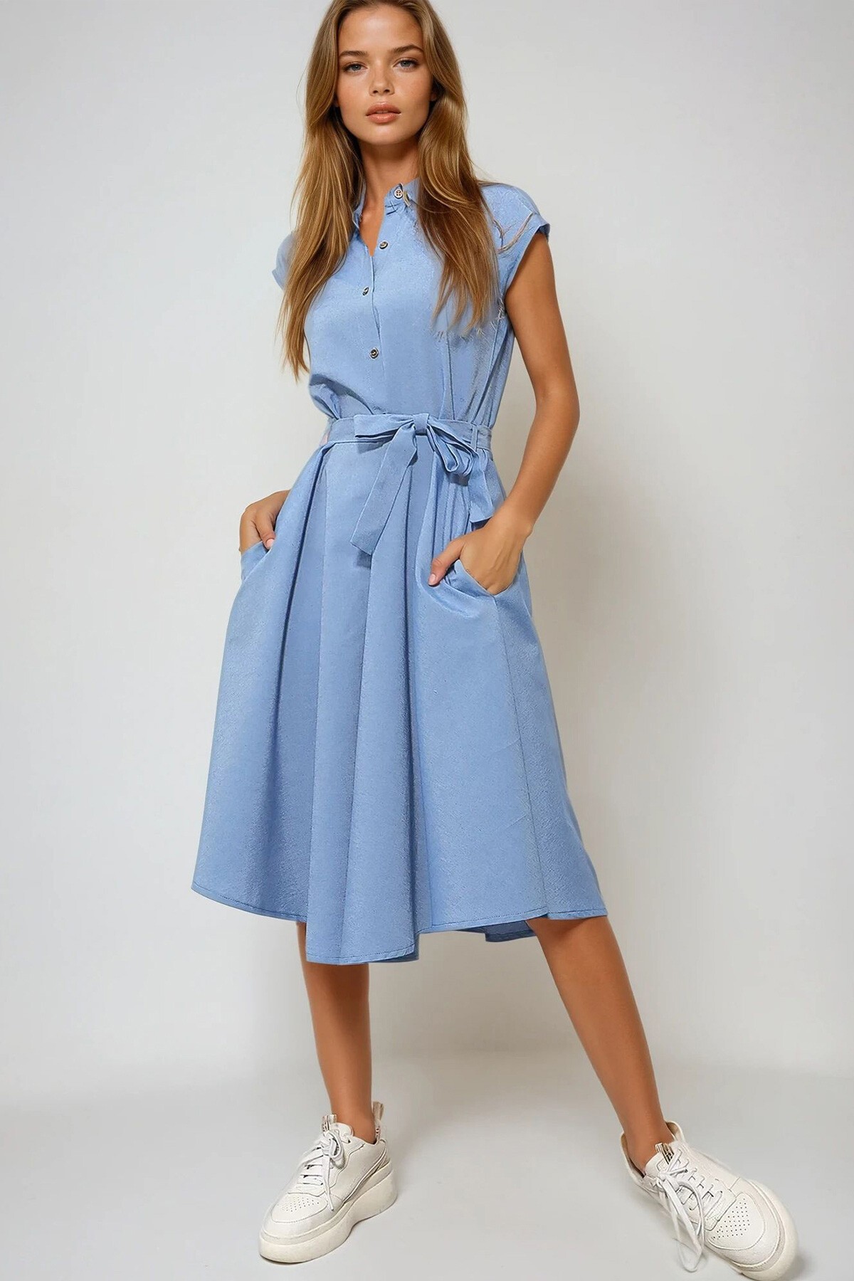 Mavi Kolsuz Keten Dokuma Gömlek Elbise