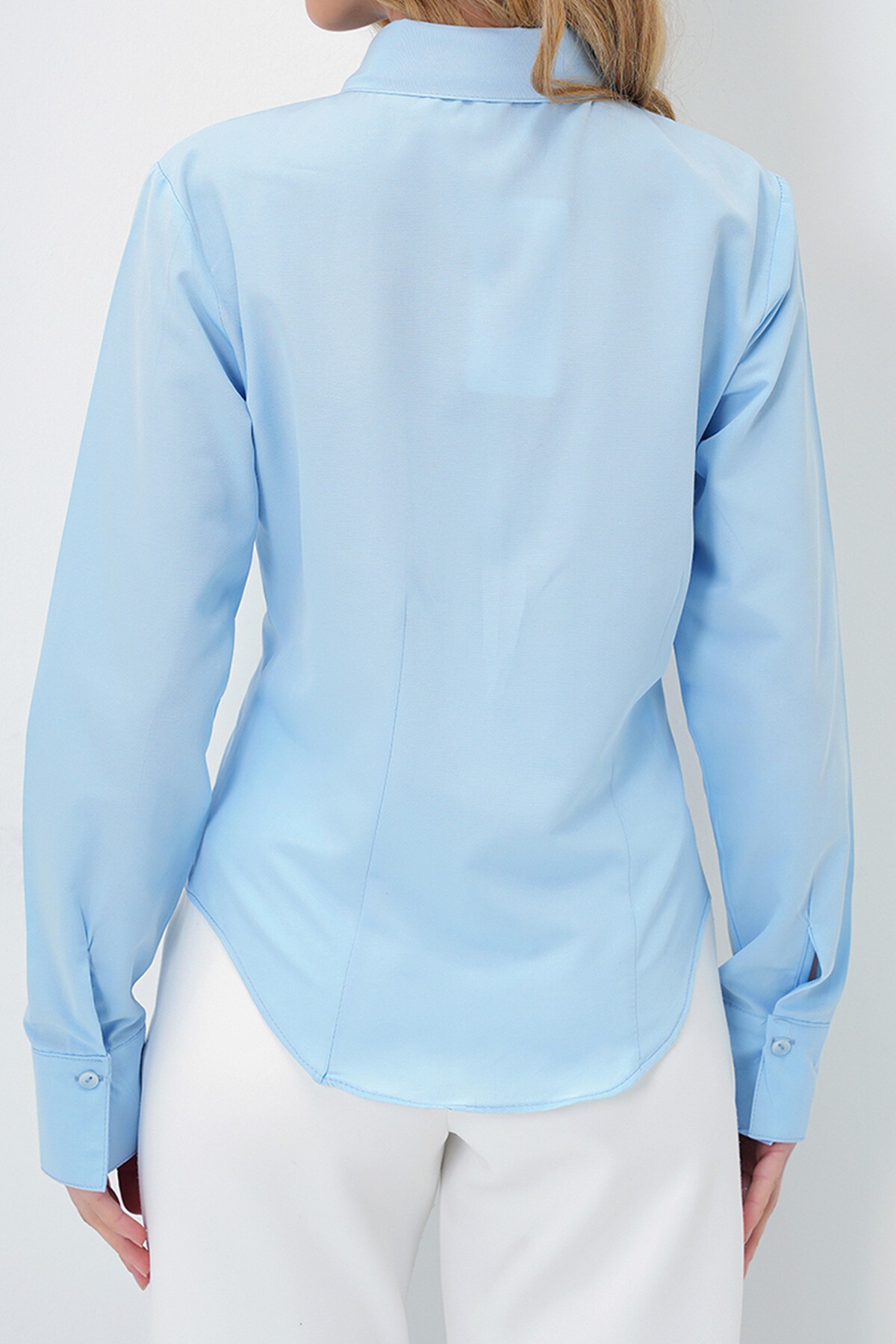 Mavi Önü Ve Arkası Pensli Belden Oturtmalı Poplin Gömlek