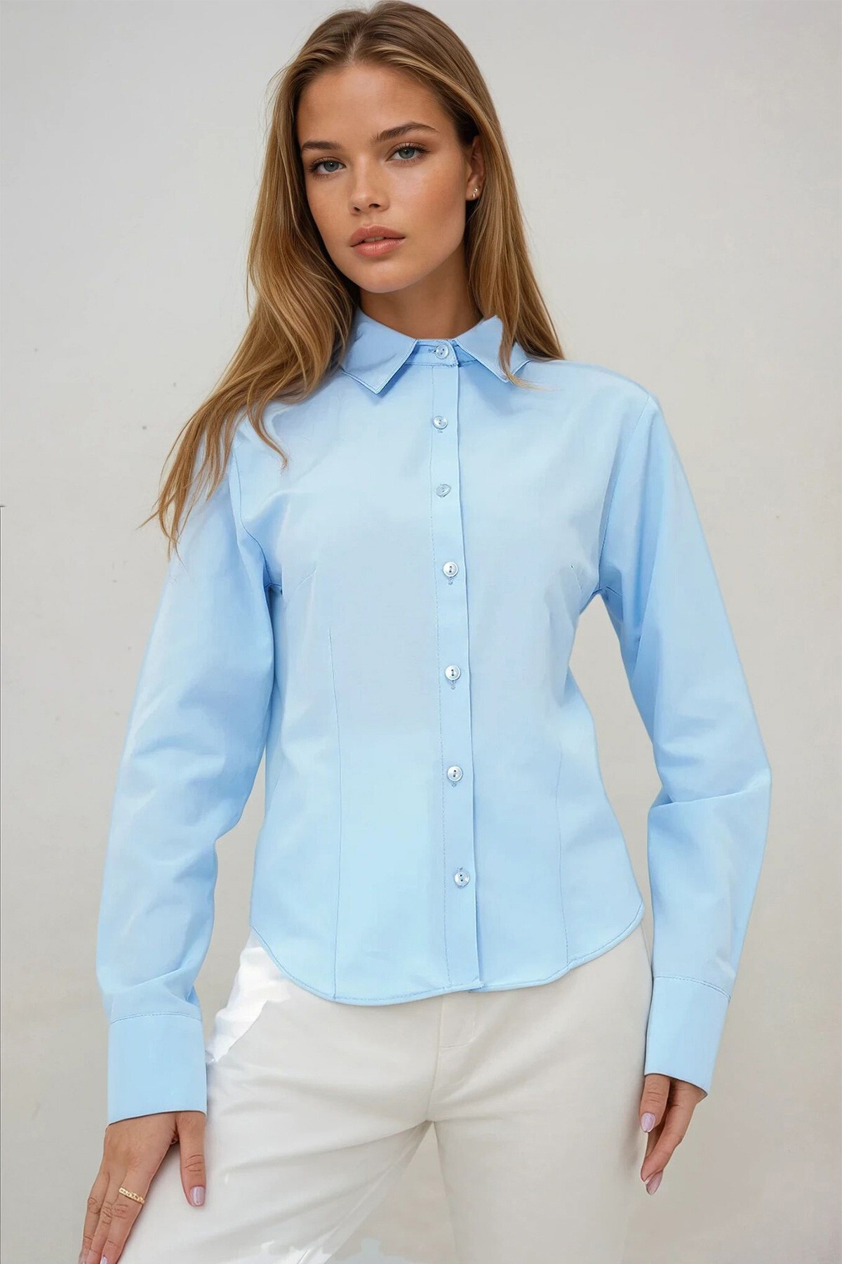 Mavi Önü Ve Arkası Pensli Belden Oturtmalı Poplin Gömlek