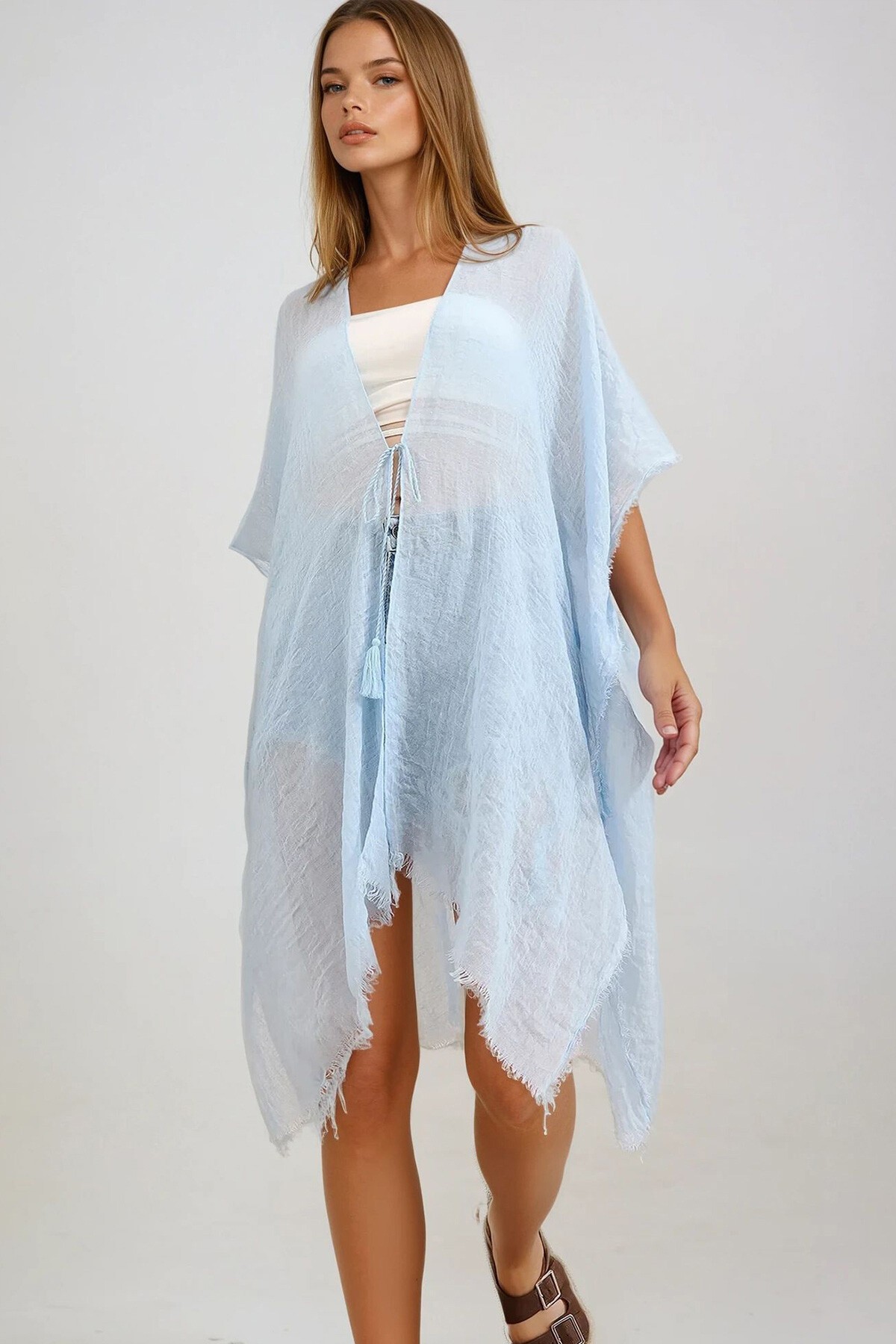 Mavi Oversize Pamuklu Kimono