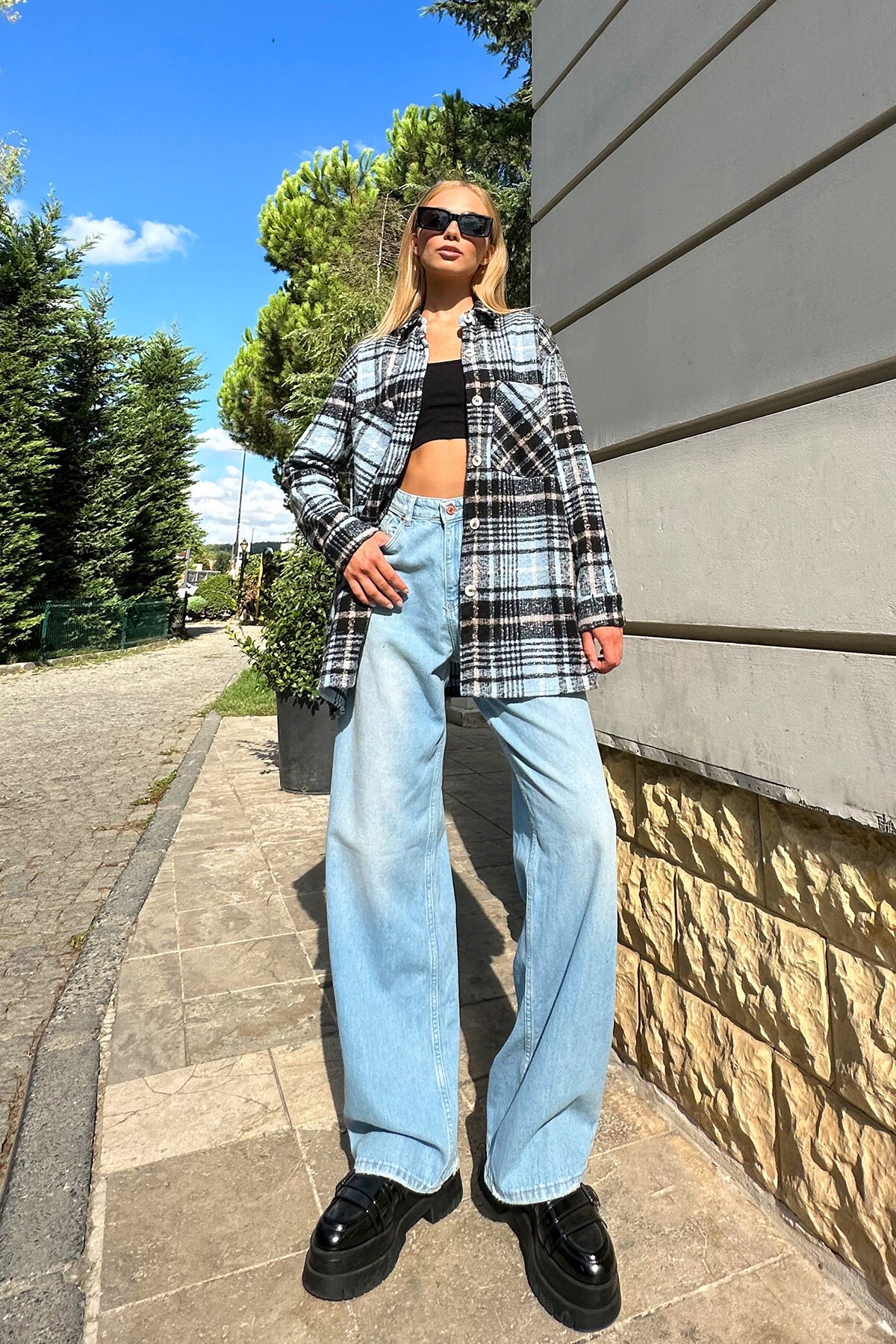 Mavi Siyah Ekose Desenli Kaşe Pamuklu Oversize Safari Ceket Gömlek