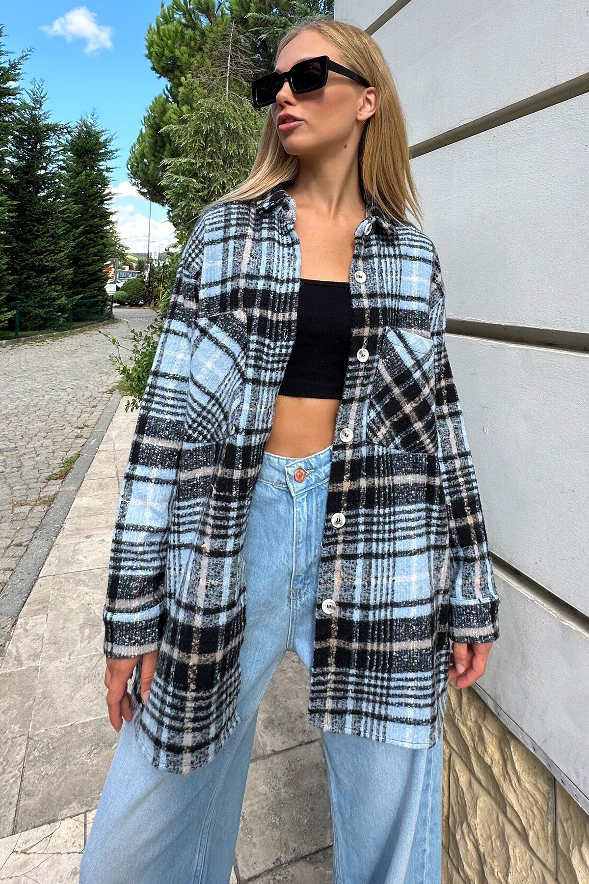 Mavi Siyah Ekose Desenli Kaşe Pamuklu Oversize Safari Ceket Gömlek