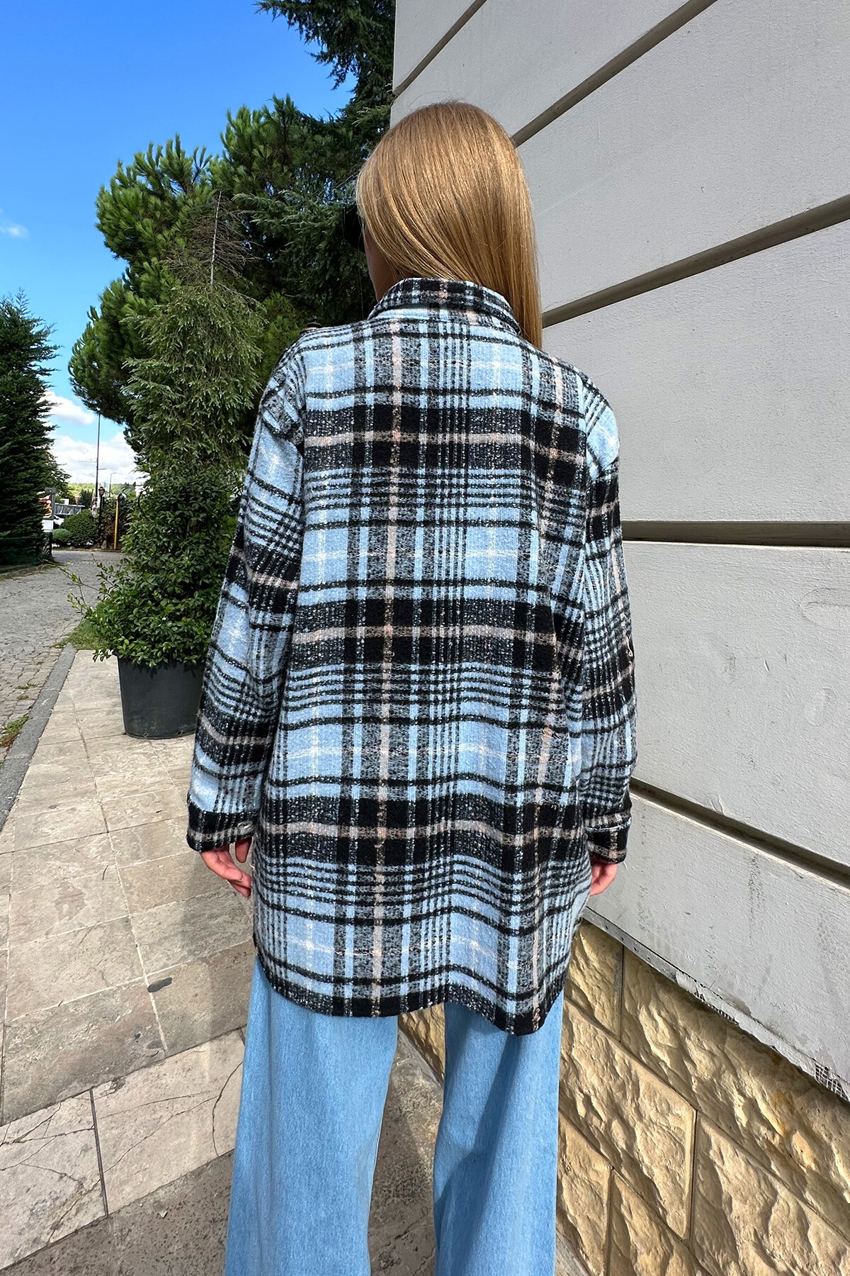 Mavi Siyah Ekose Desenli Kaşe Pamuklu Oversize Safari Ceket Gömlek