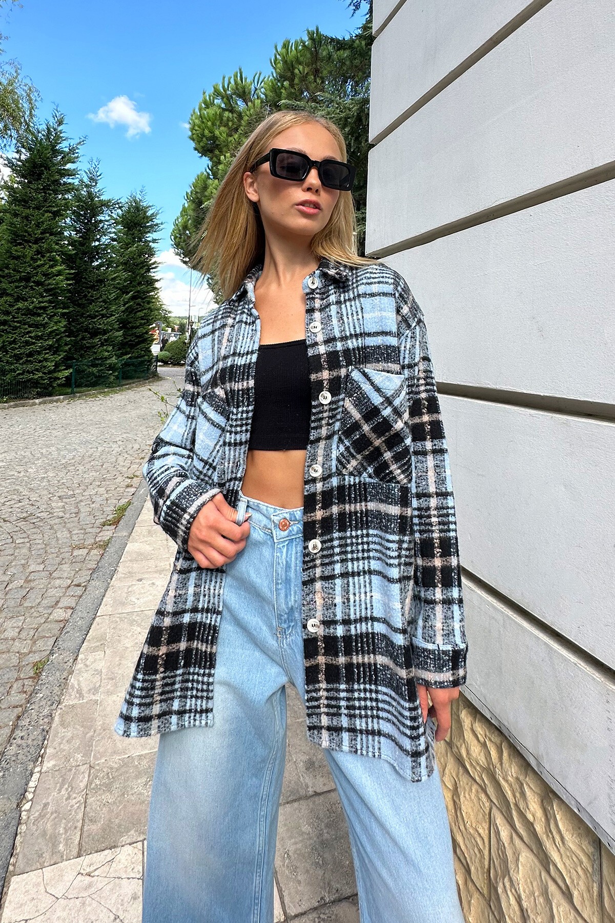 Mavi Siyah Ekose Desenli Kaşe Pamuklu Oversize Safari Ceket Gömlek