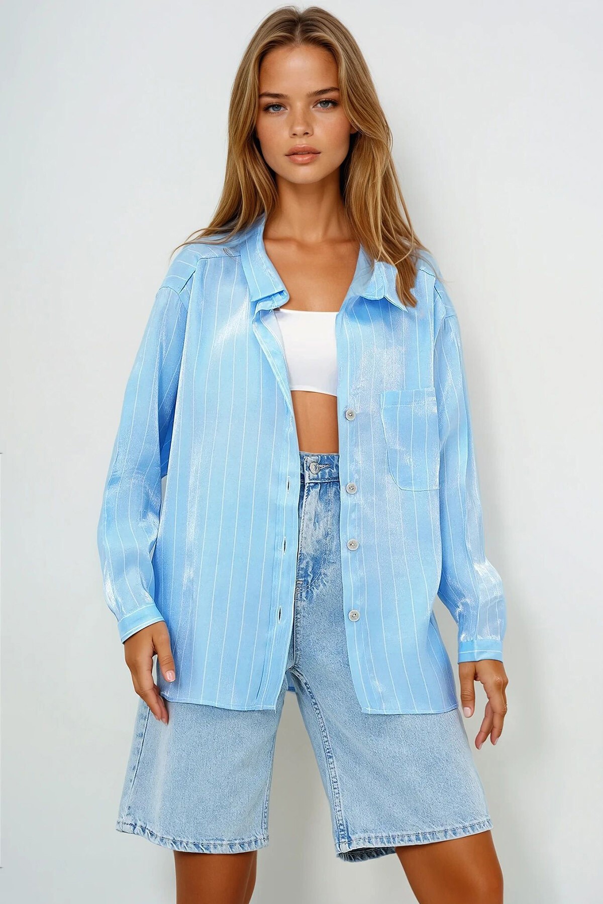 Mavi Tek Cepli Oversize Saten Gömlek