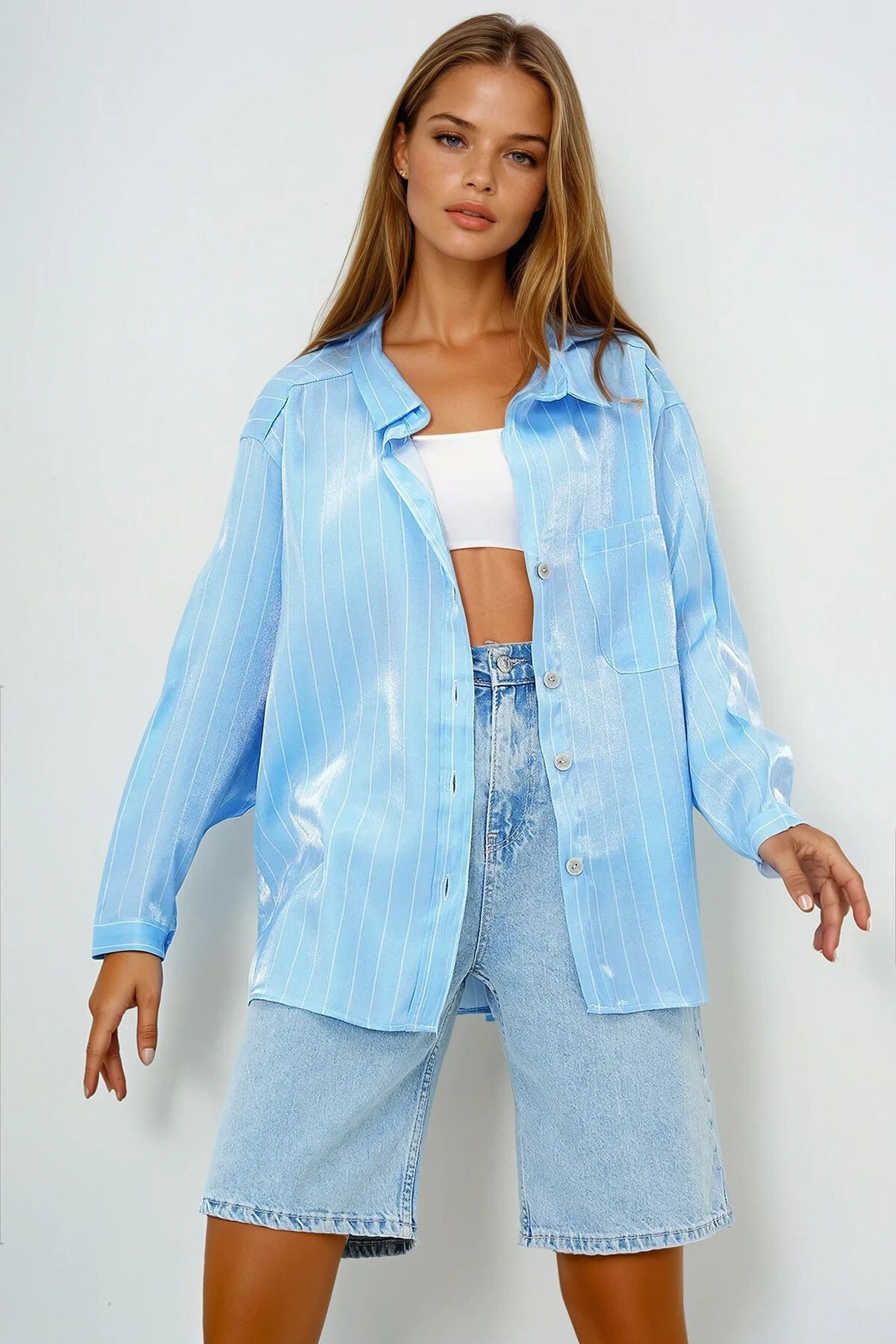 Mavi Tek Cepli Oversize Saten Gömlek