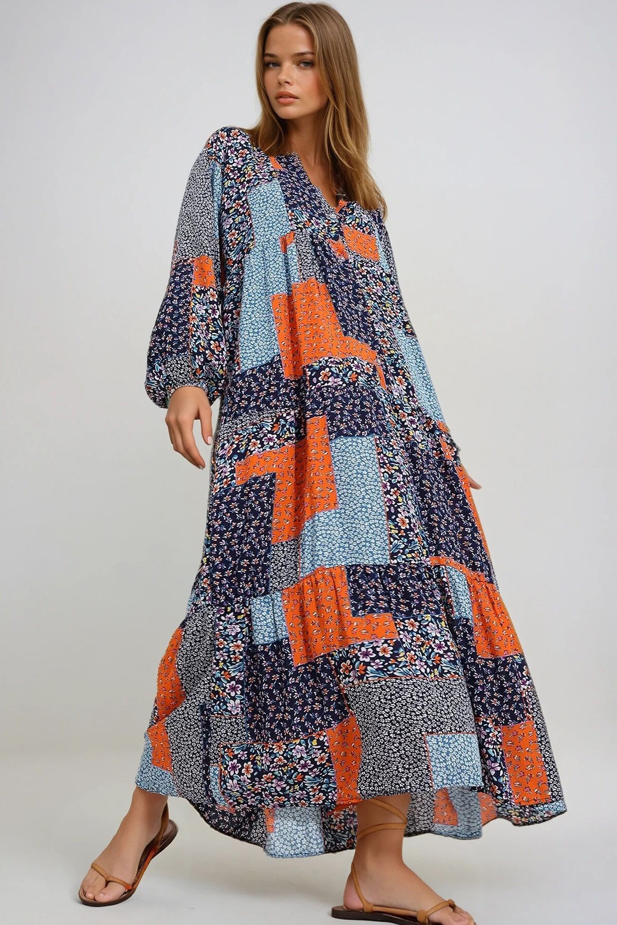 Mavi Turuncu Hakim Yaka Şal Desenli Maxi Boy Elbise